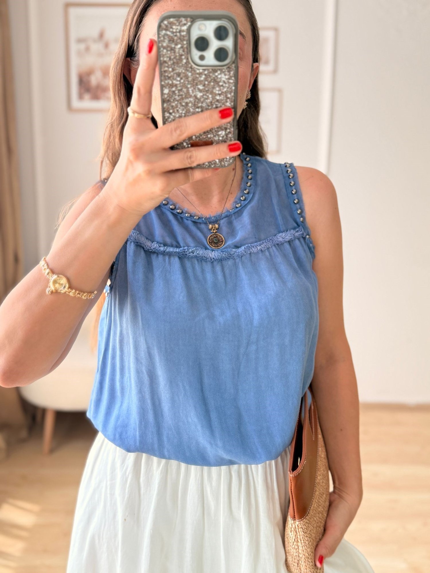 Zımba Detaylı İndigo Bluz 