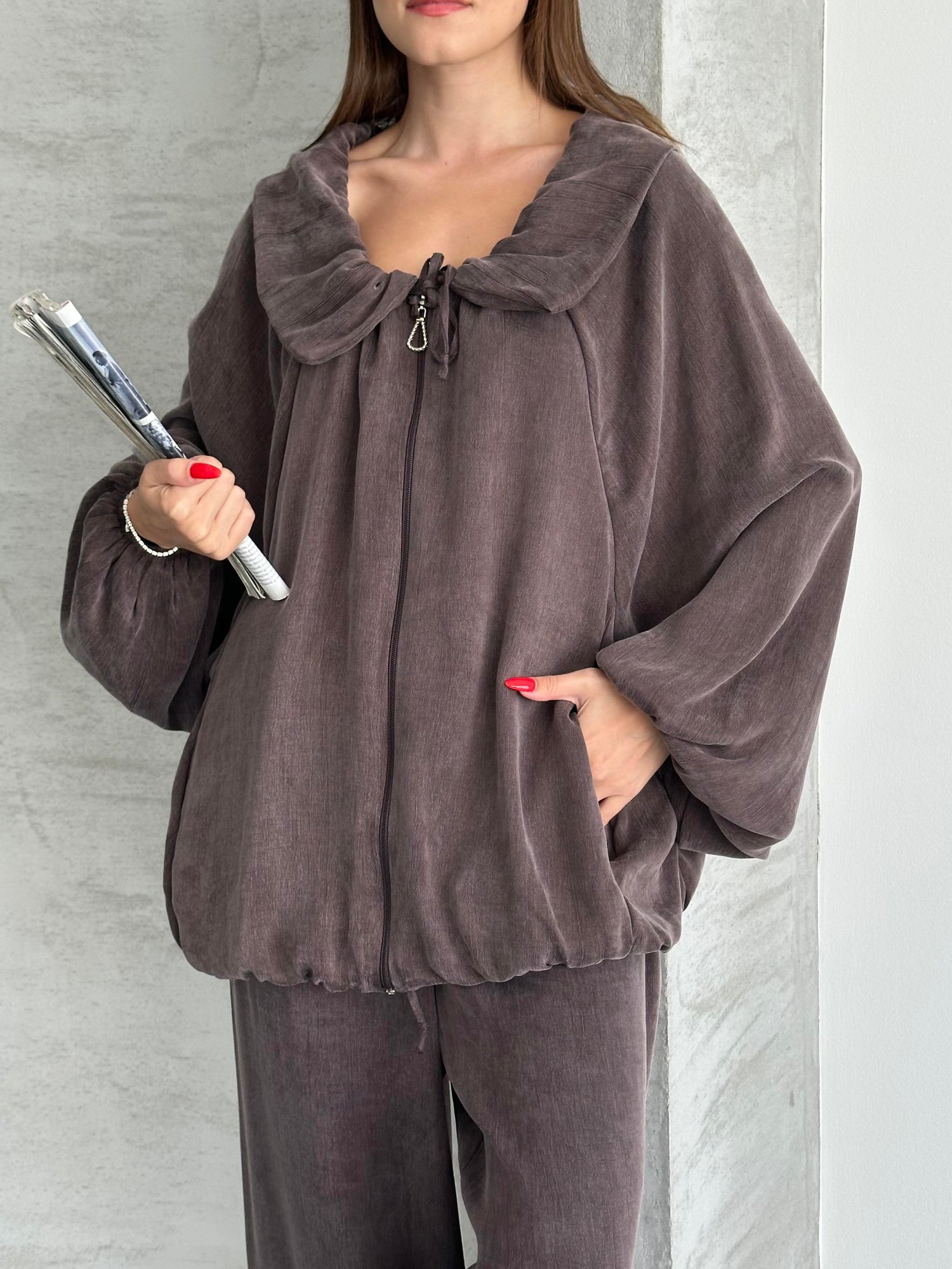 Açık Yaka Büzgülü Oversize Takım 