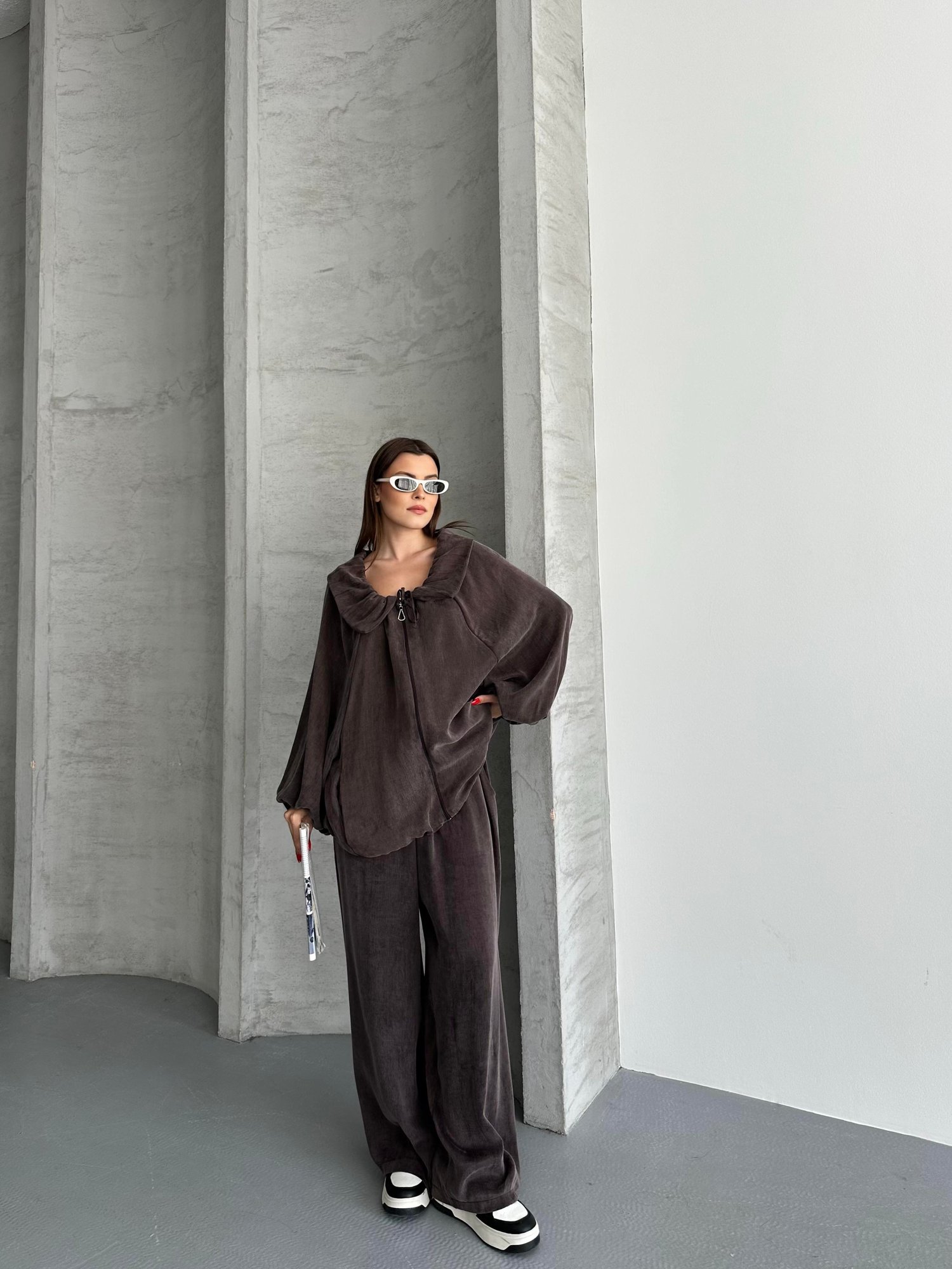 Açık Yaka Büzgülü Oversize Takım 