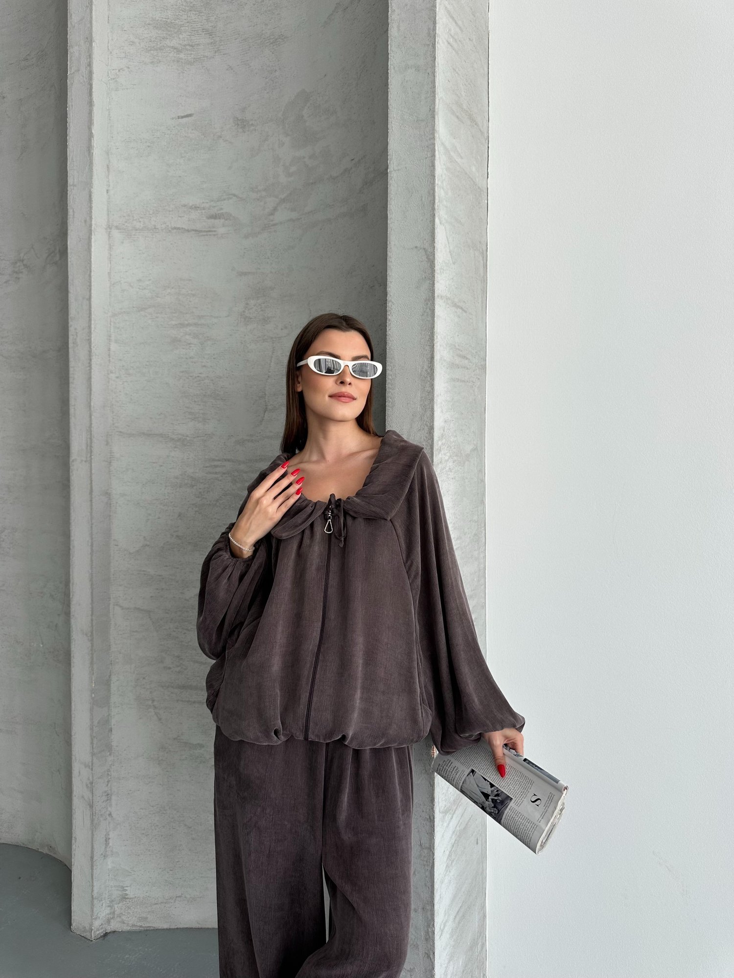 Açık Yaka Büzgülü Oversize Takım 
