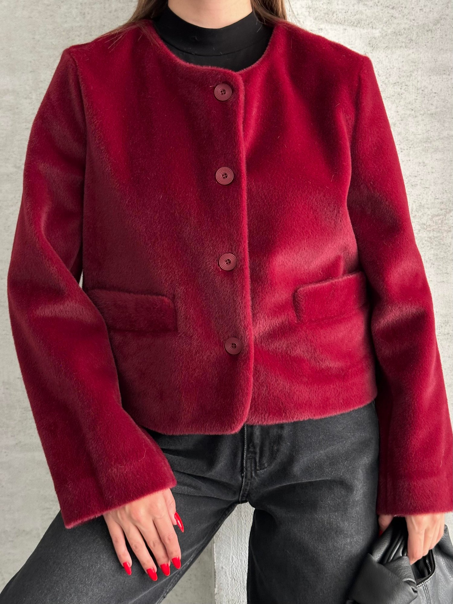 Kaşe Dokulu Düz Crop Ceket