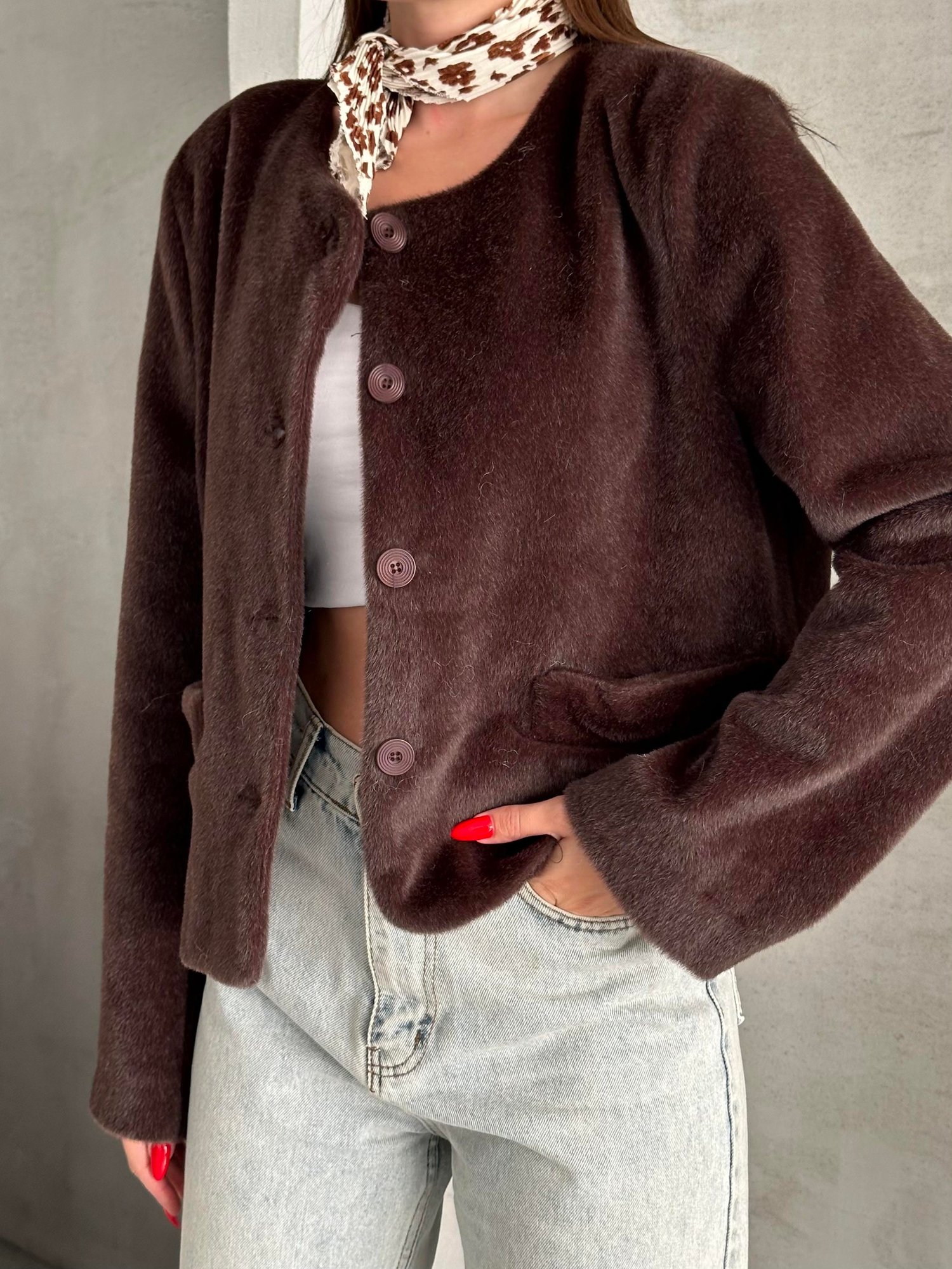 Kaşe Dokulu Düz Crop Ceket
