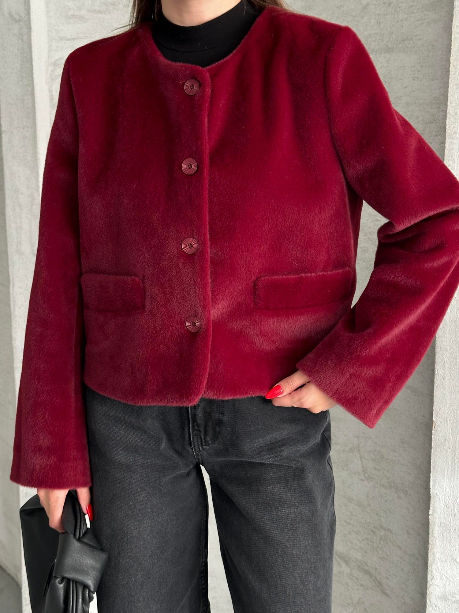 Kaşe Dokulu Düz Crop Ceket