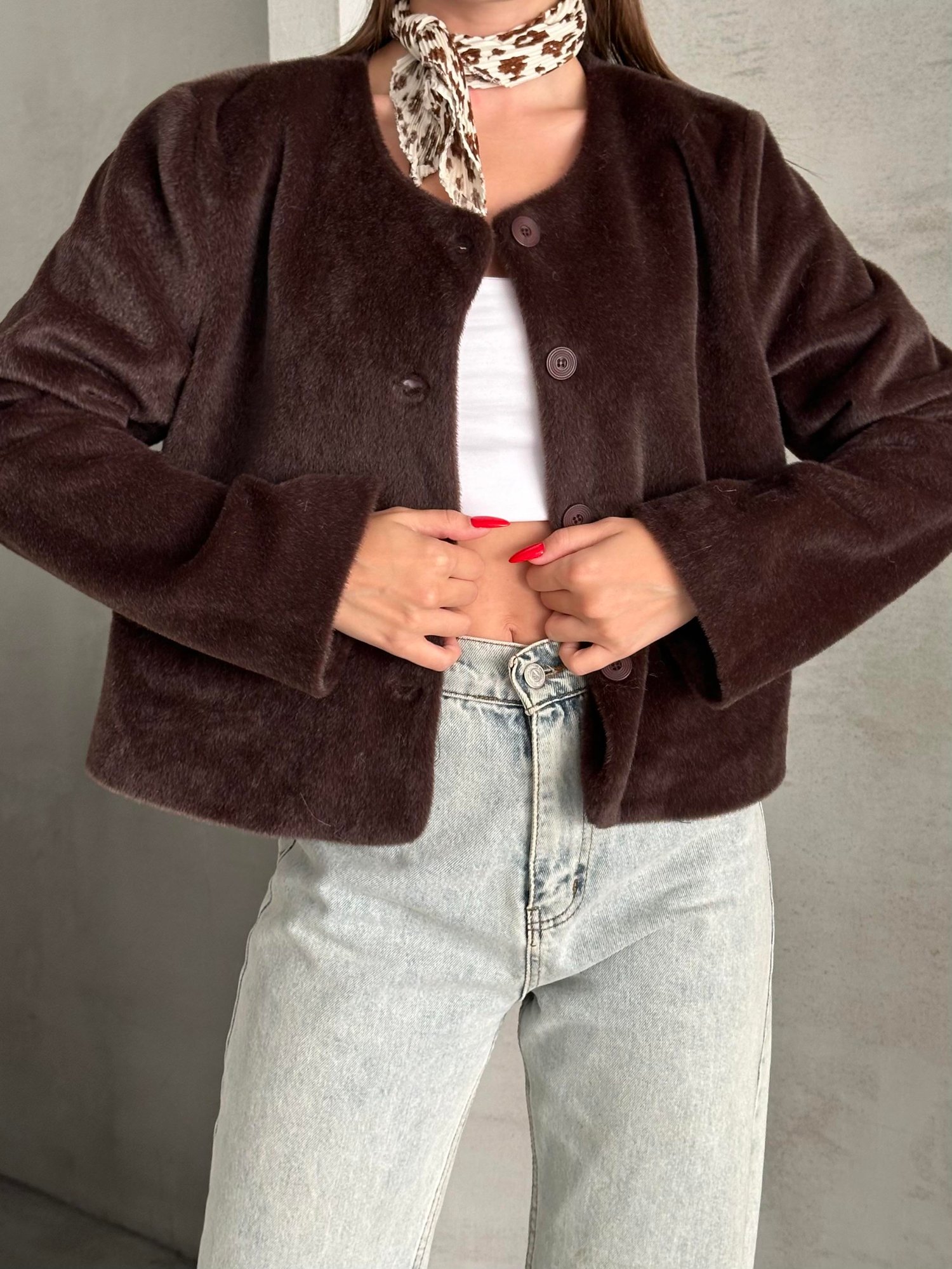 Kaşe Dokulu Düz Crop Ceket