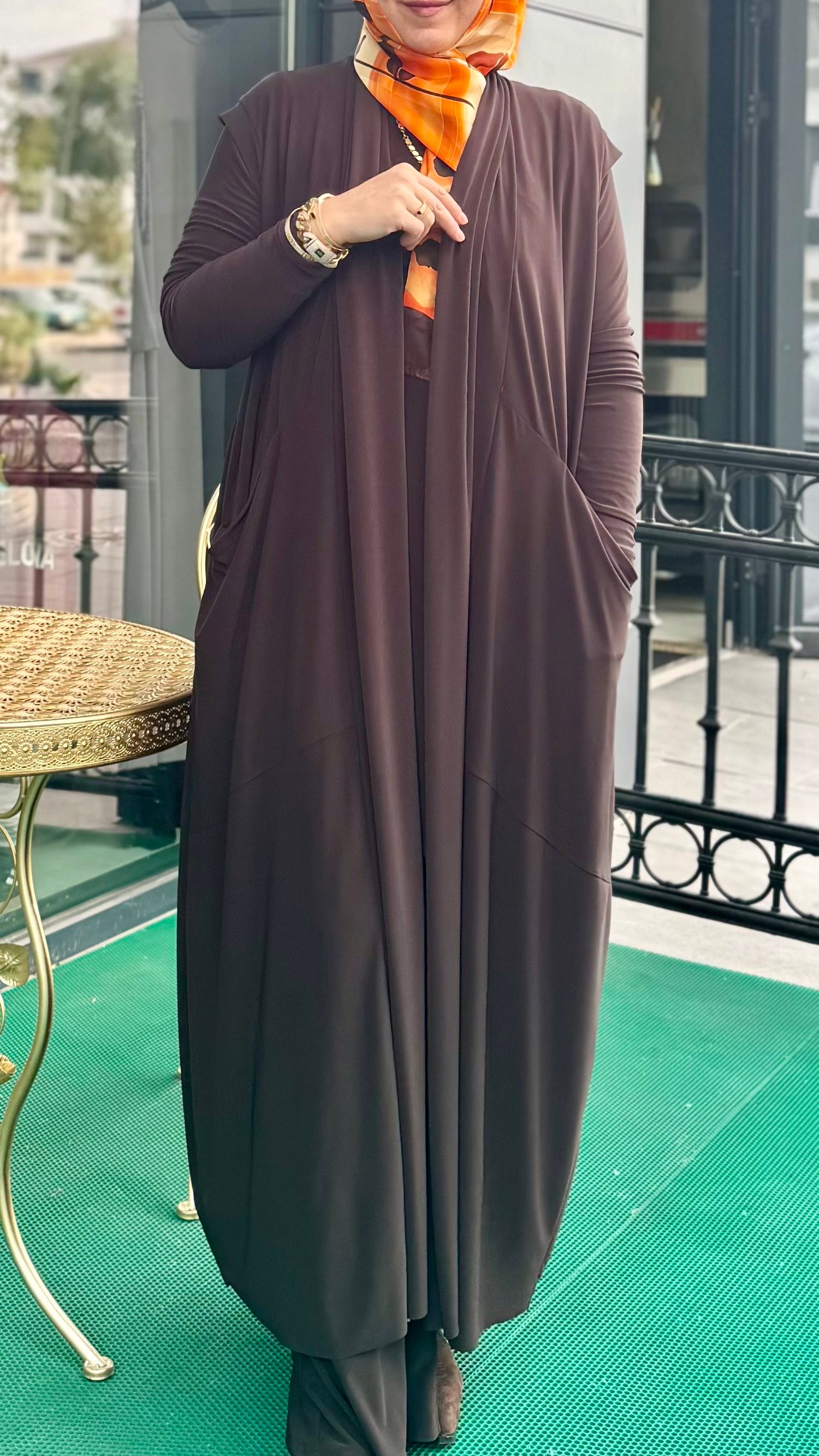 Nurcan Çetin - Cepli Boydan Yelekli Üçlü Takım Kahverengi - 1465