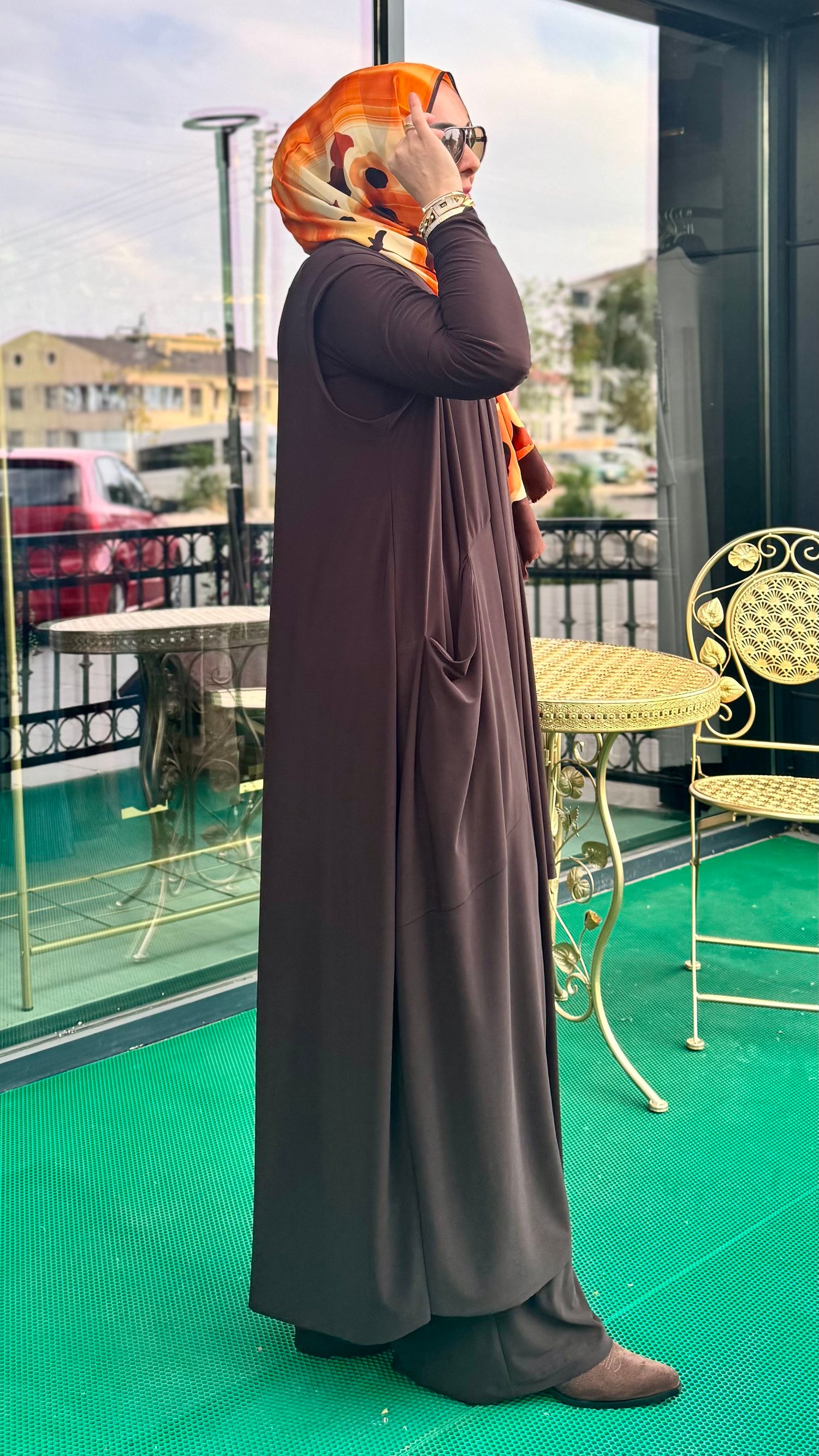 Nurcan Çetin - Cepli Boydan Yelekli Üçlü Takım Kahverengi - 1465