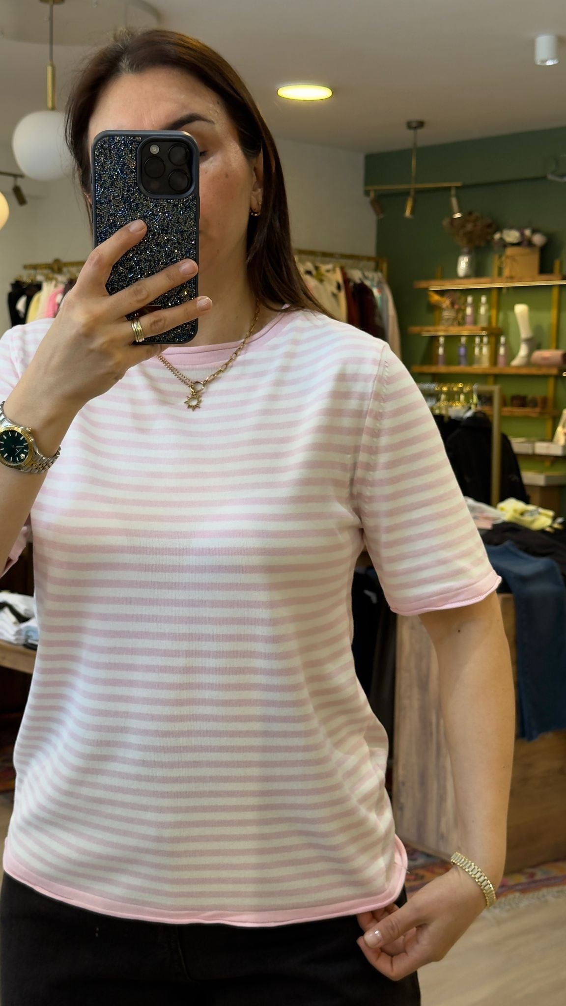 Bisiklet Yaka İnce Çizgili Triko Bluz Pembe Beyaz