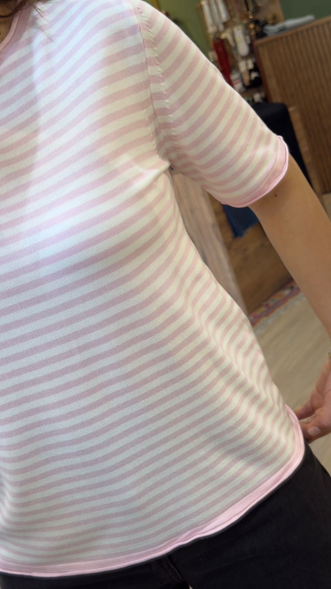 Bisiklet Yaka İnce Çizgili Triko Bluz Pembe Beyaz