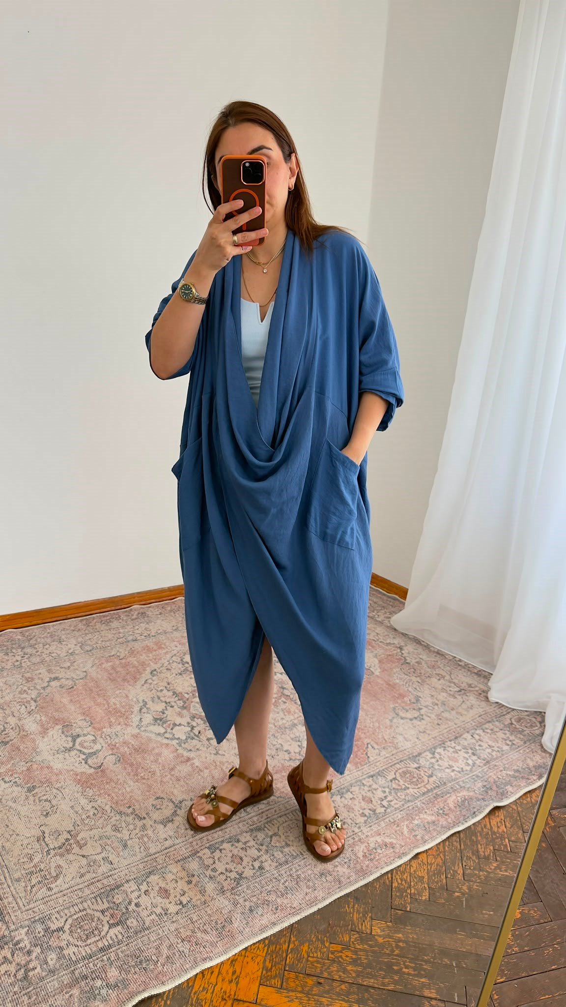 Cepli Düz Keten Tunik – İndigo