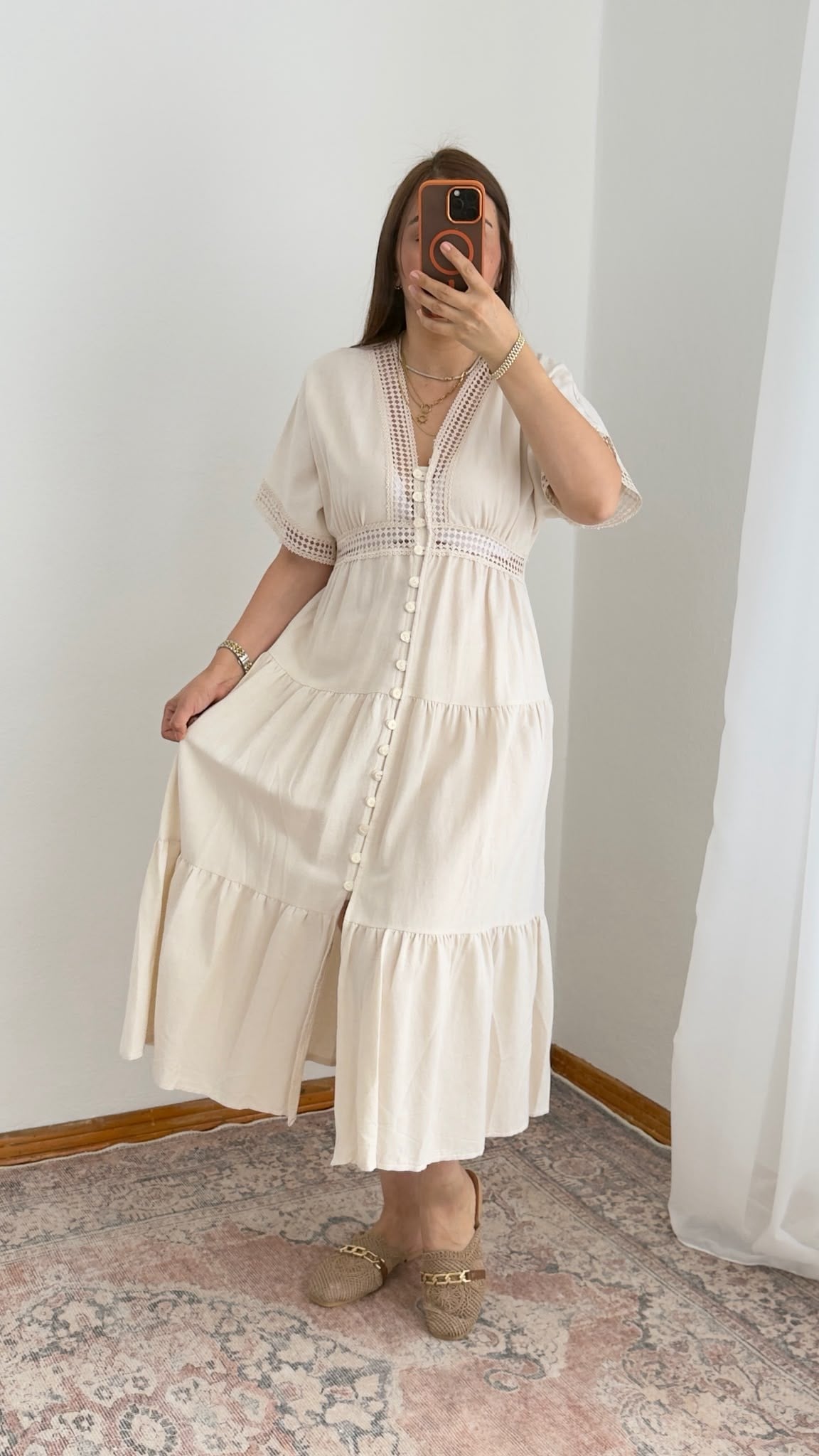 Dantel Detaylı Düğmeli Elbise – Naturel