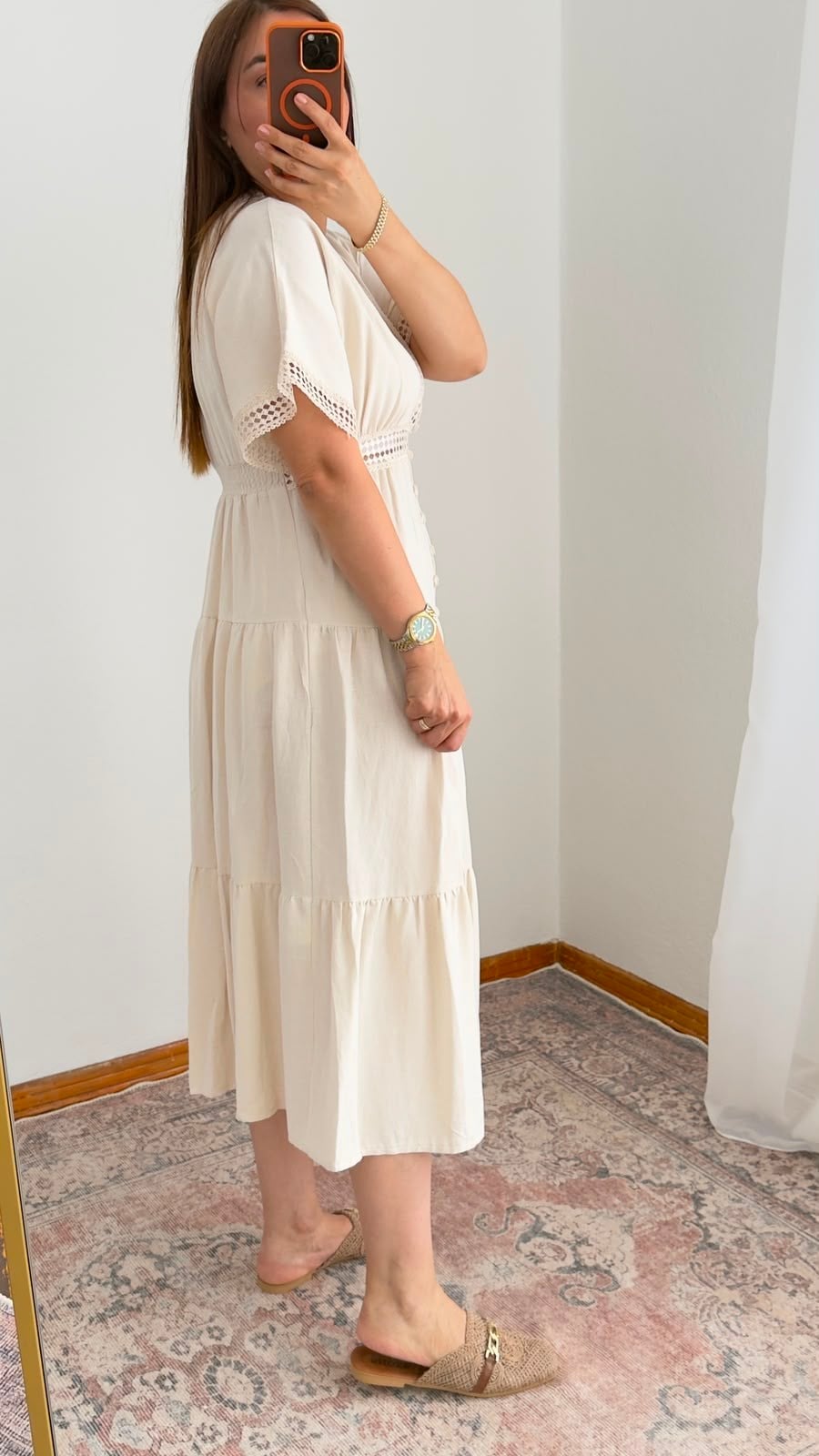 Dantel Detaylı Düğmeli Elbise – Naturel