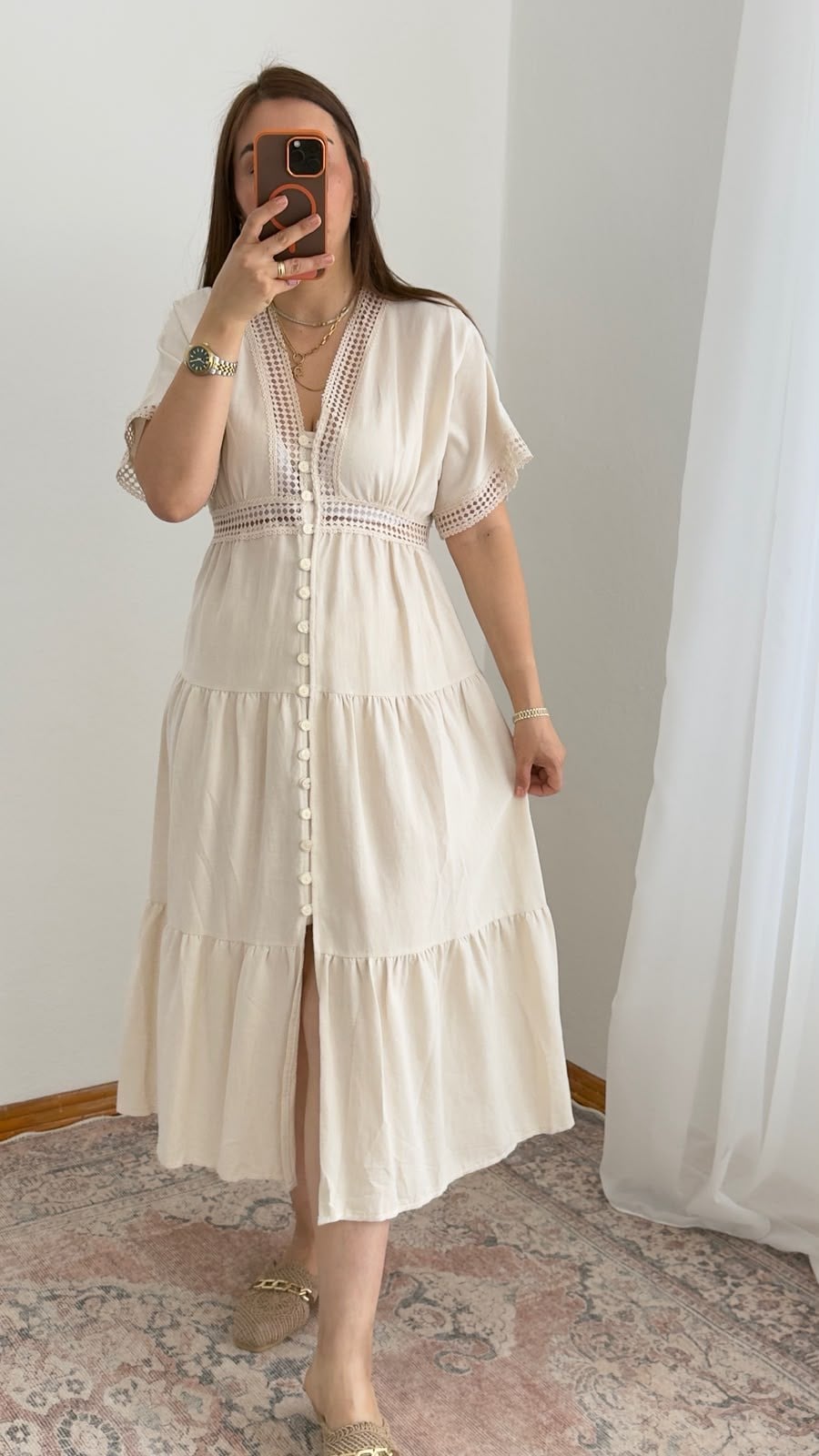 Dantel Detaylı Düğmeli Elbise – Naturel
