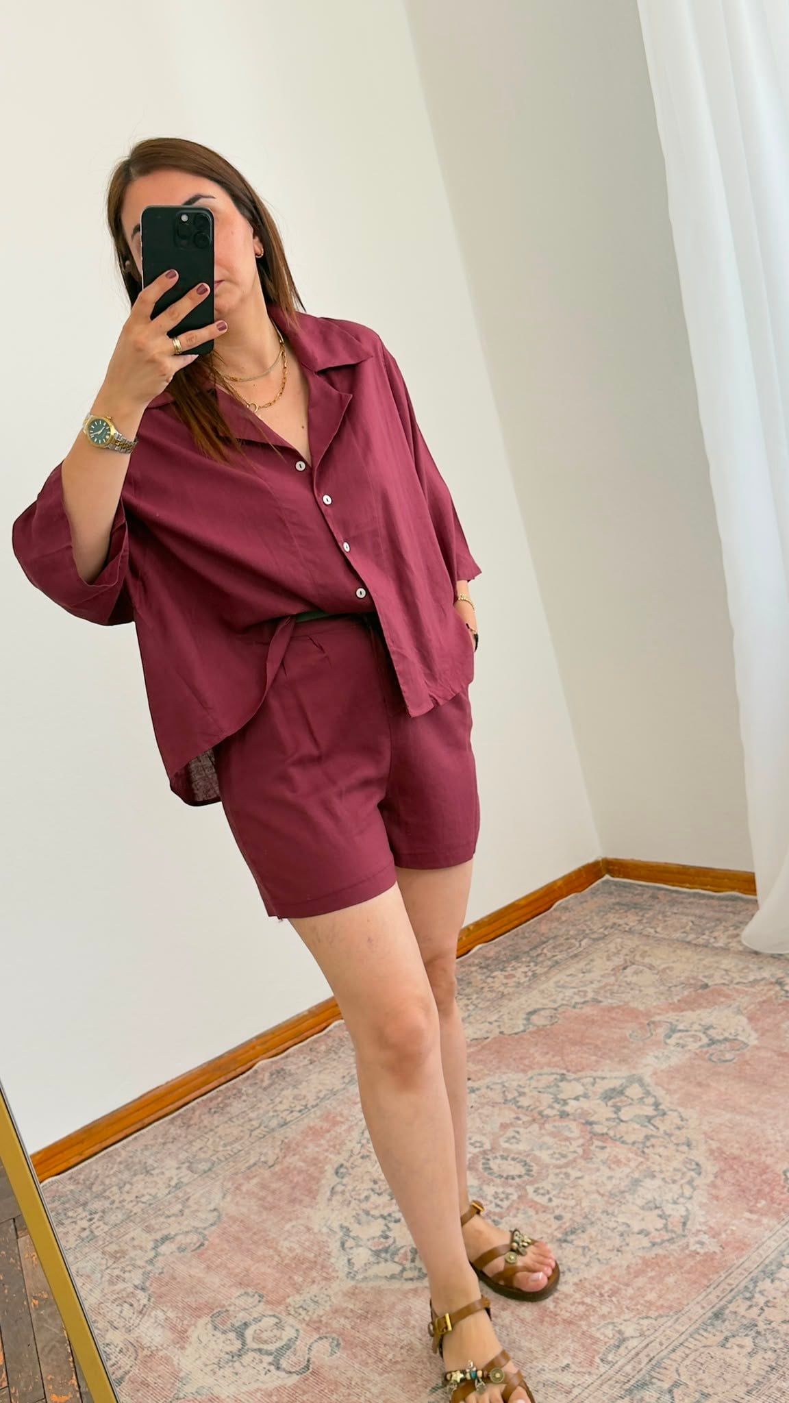Kemerli Keten Şort – Bordo