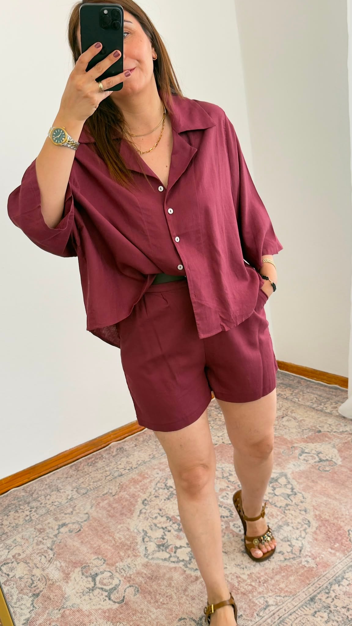Kemerli Keten Şort – Bordo