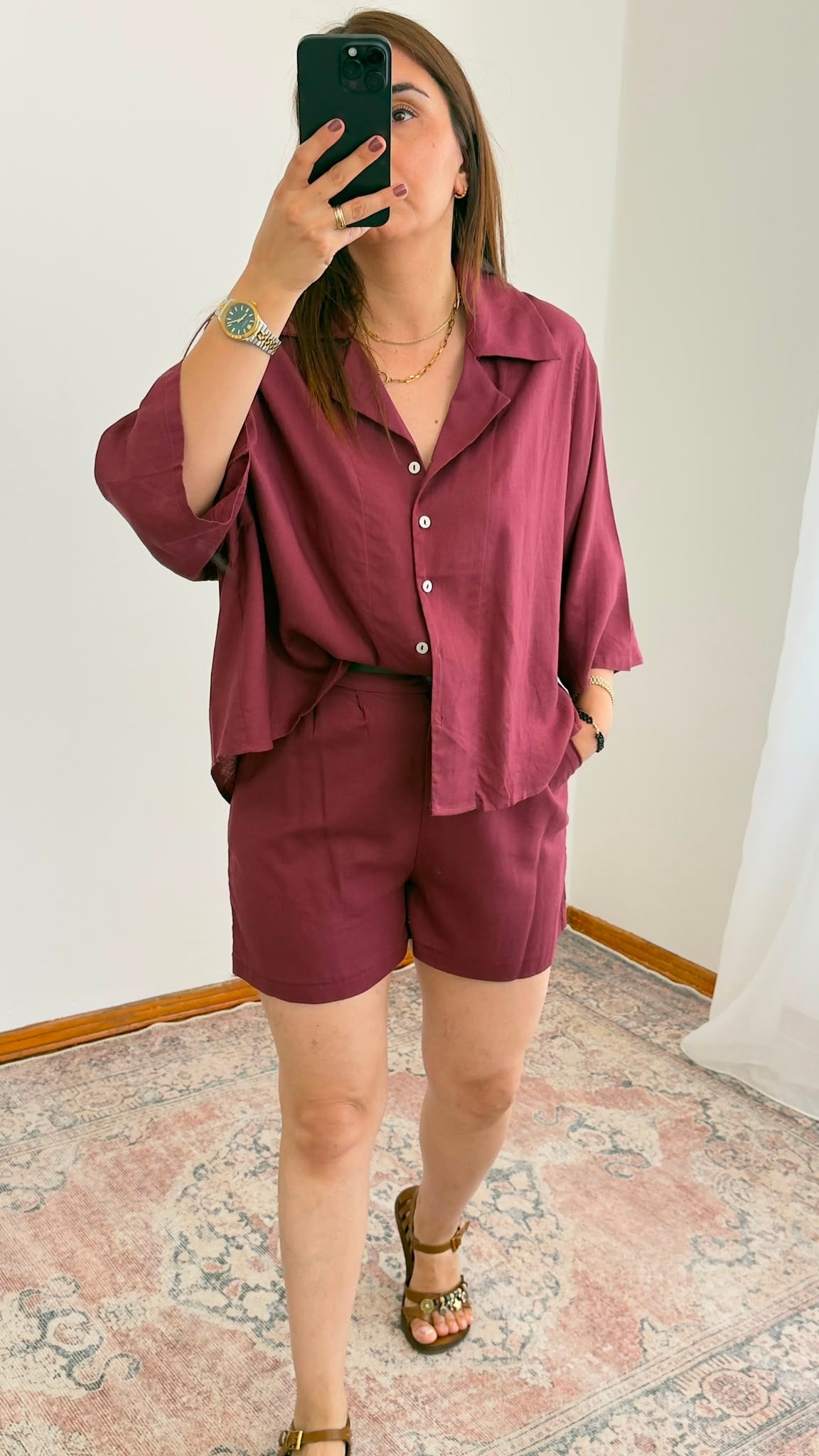 Kemerli Keten Şort – Bordo