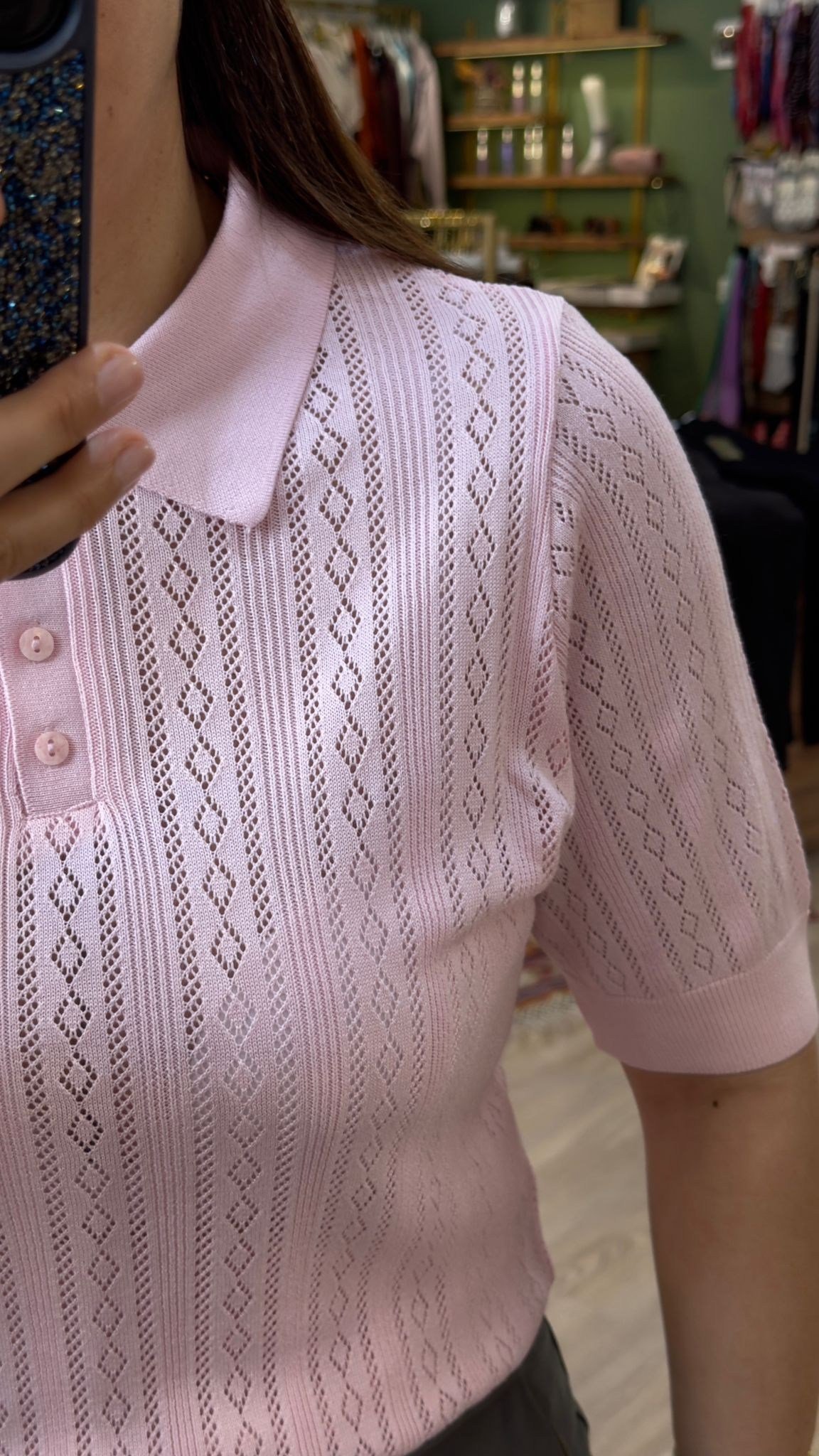 Kendinden Desenli Polo Yaka Bluz Pembe
