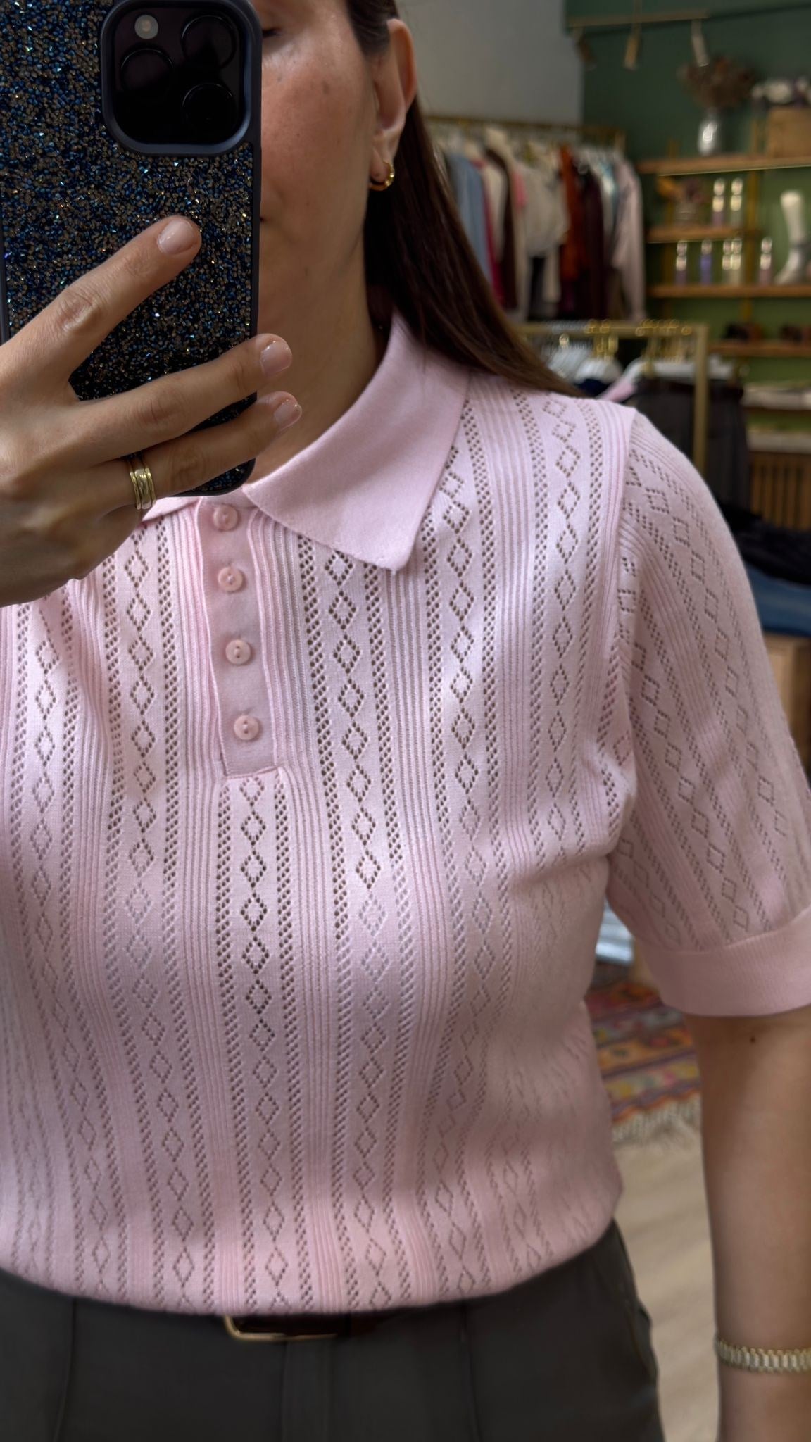 Kendinden Desenli Polo Yaka Bluz Pembe
