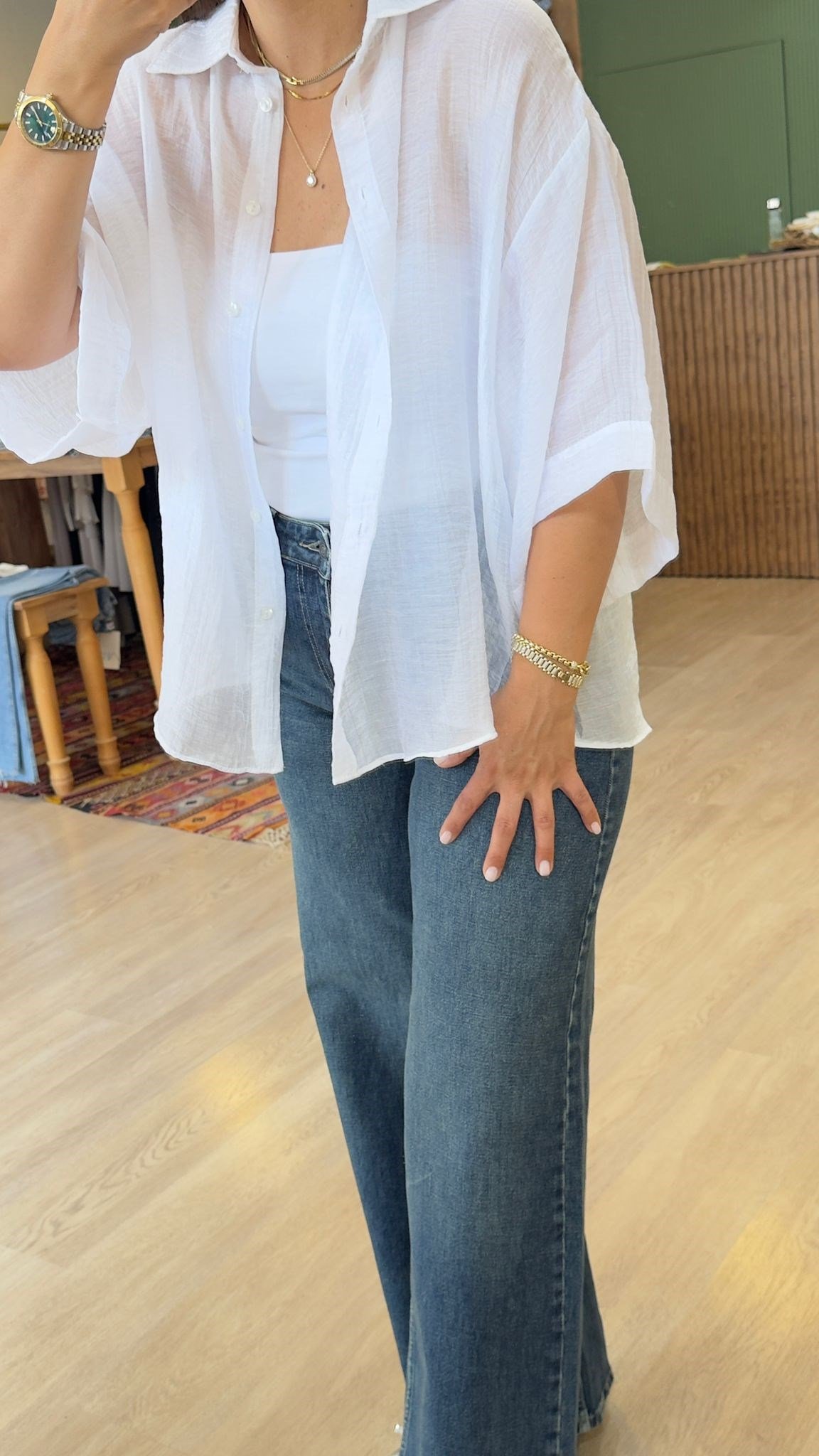 Kısa Kollu Oversize İpeksi Gömlek Beyaz - Perry