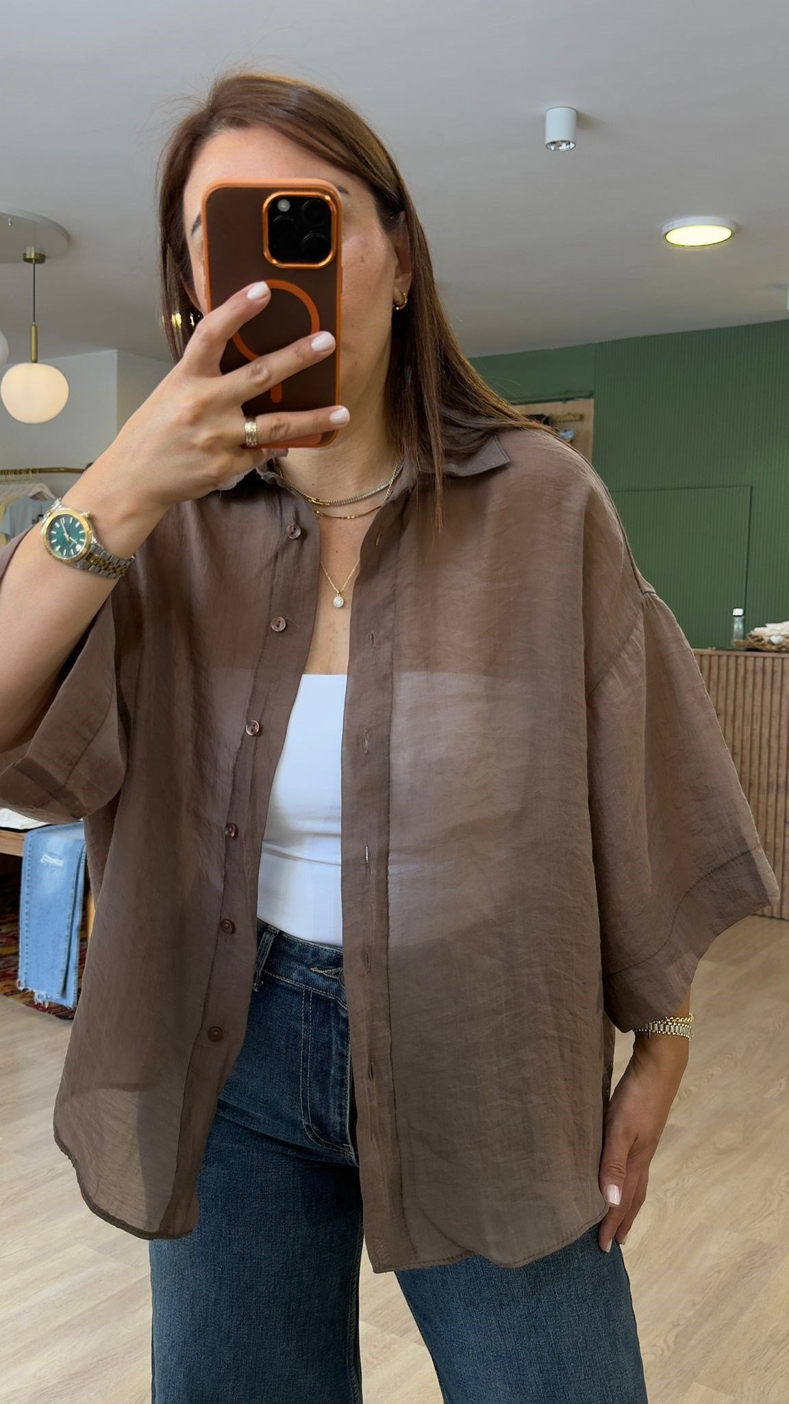 Kısa Kollu Oversize İpeksi Gömlek - Kahve