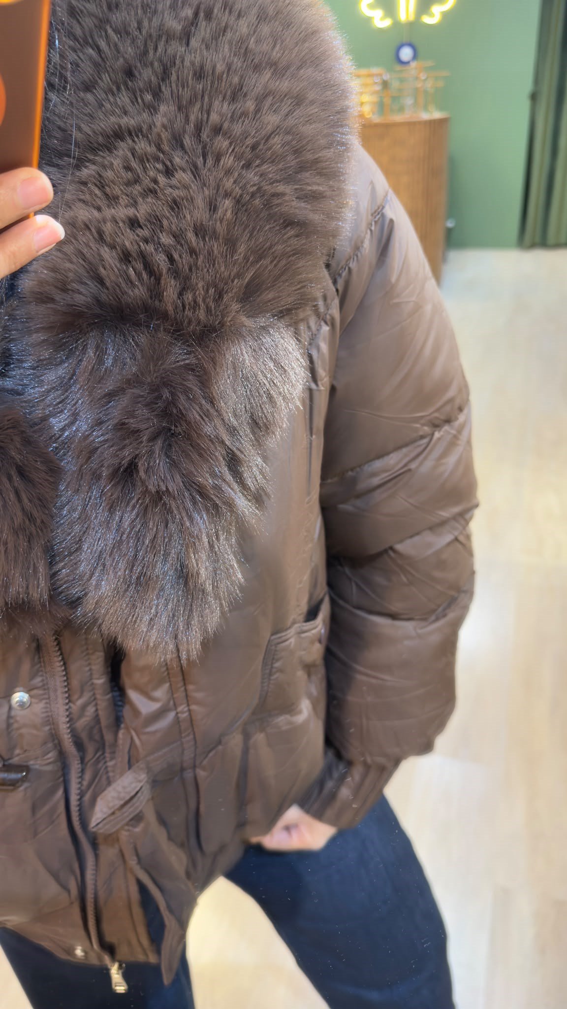Kürk Detaylı Şişme Mont - Kahve