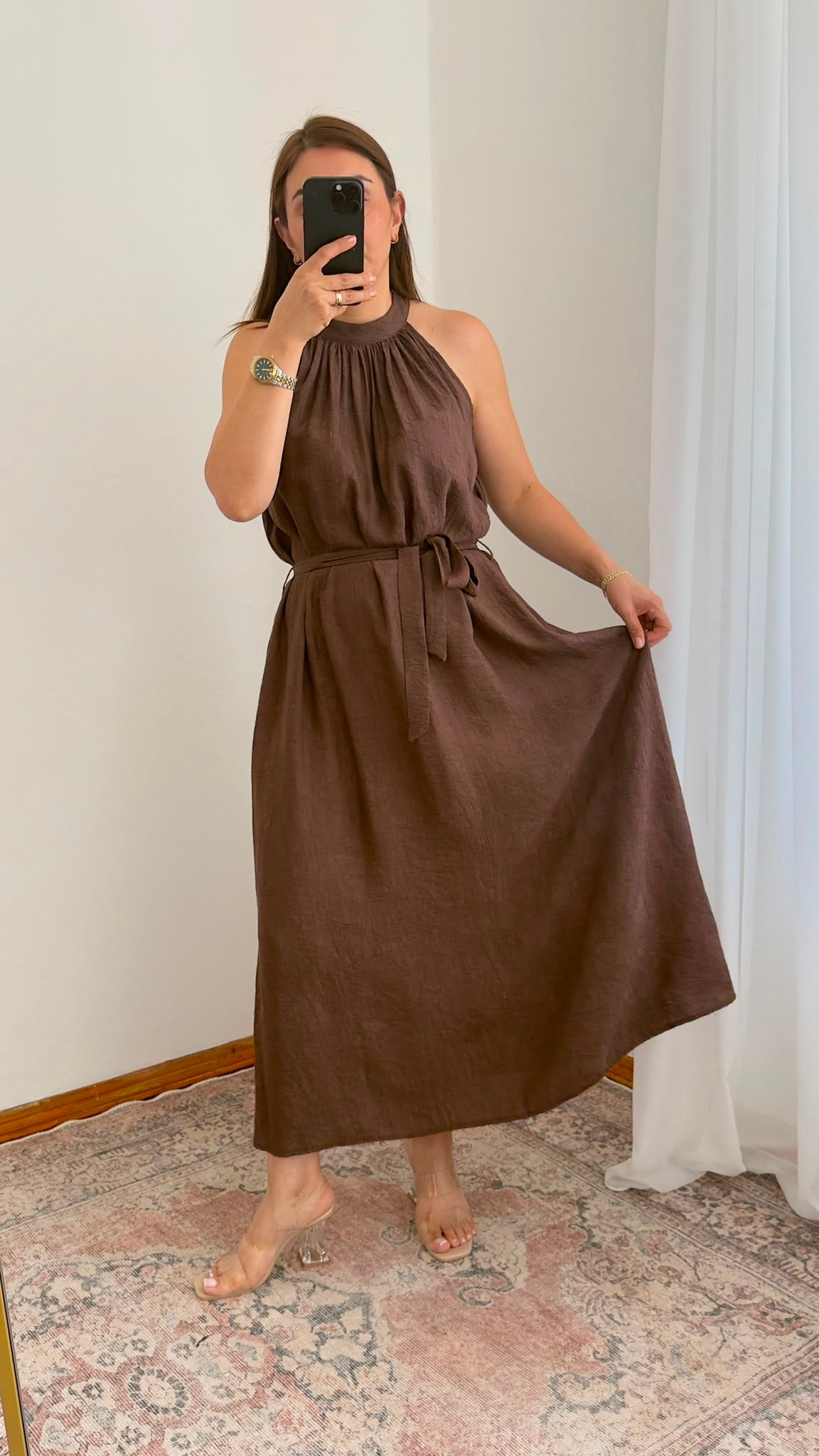 Kuşak Detaylı Hakim Yaka Elbise – Kahve