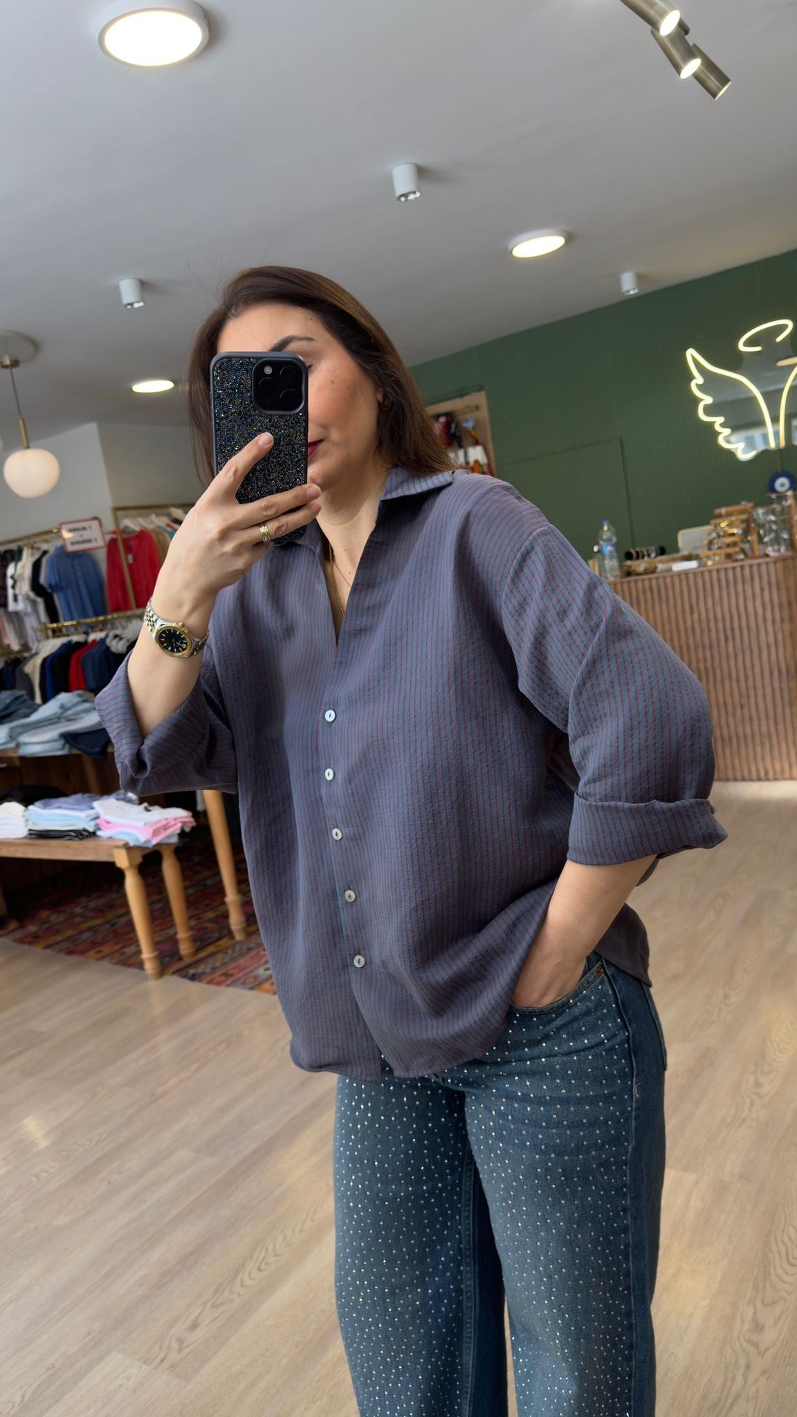 Oversize İpeksi Gömlek Çizgili Bordo