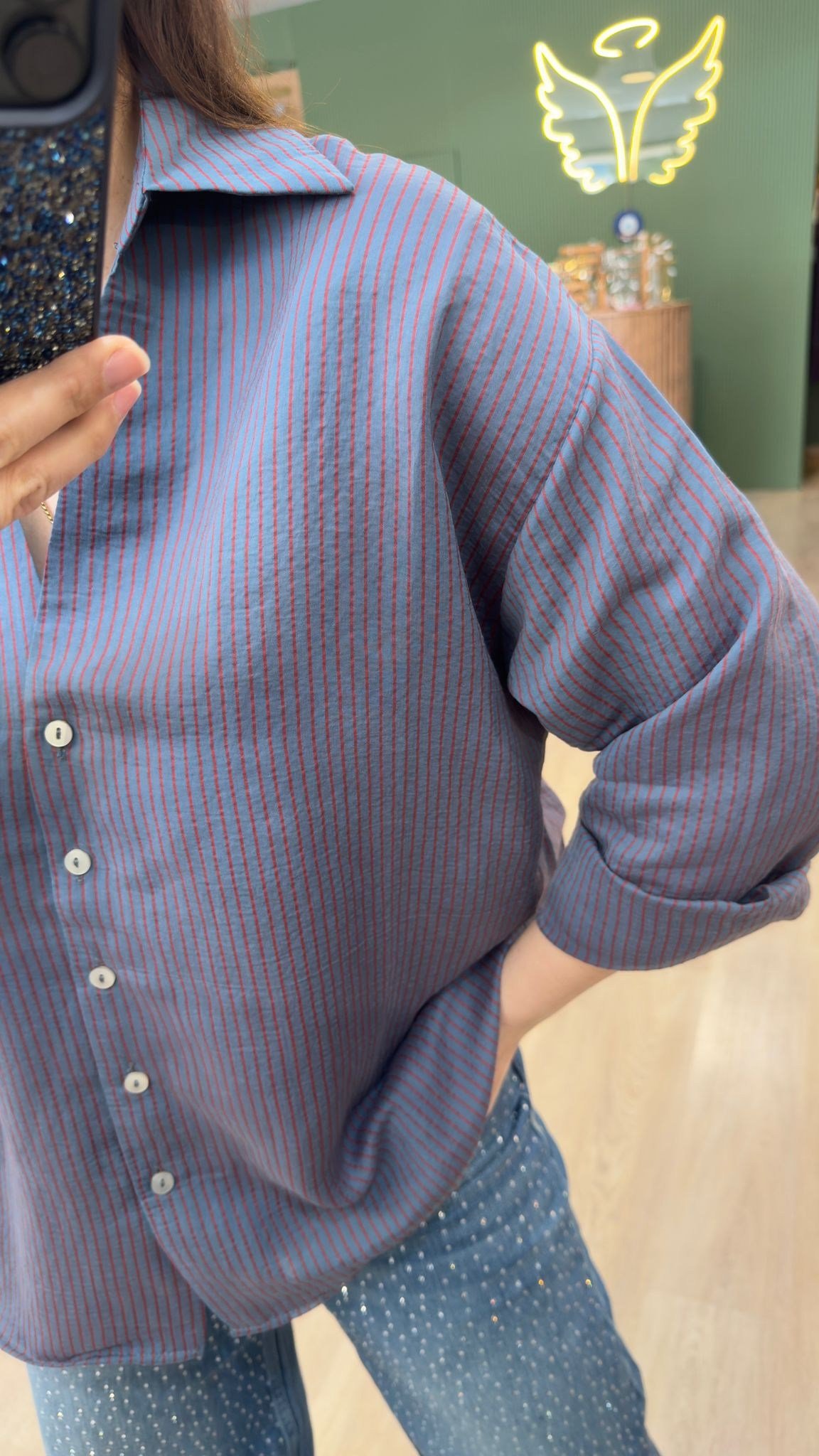 Oversize İpeksi Gömlek Çizgili Bordo