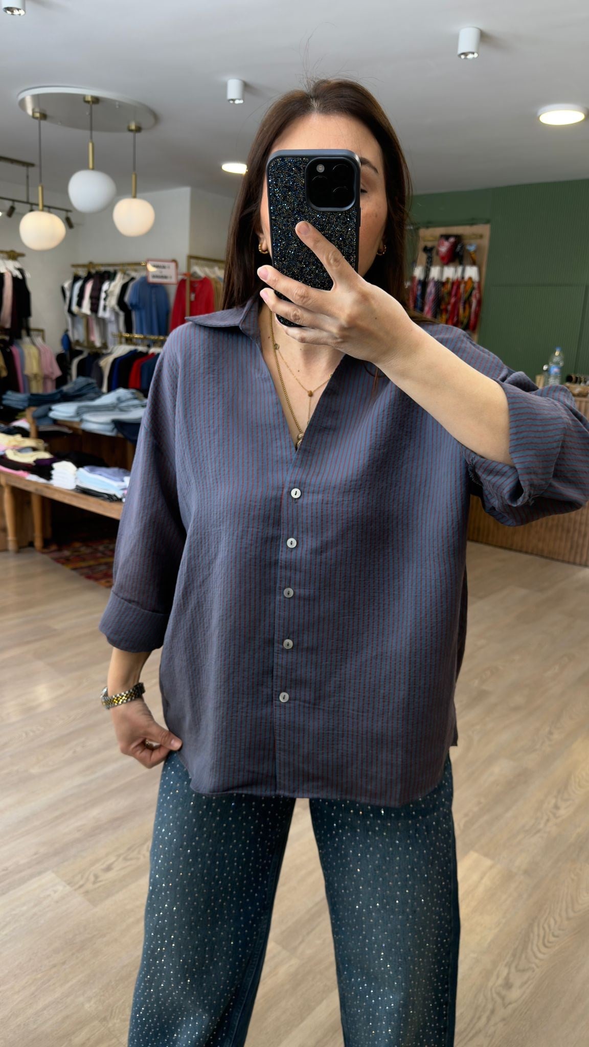 Oversize İpeksi Gömlek Çizgili Bordo