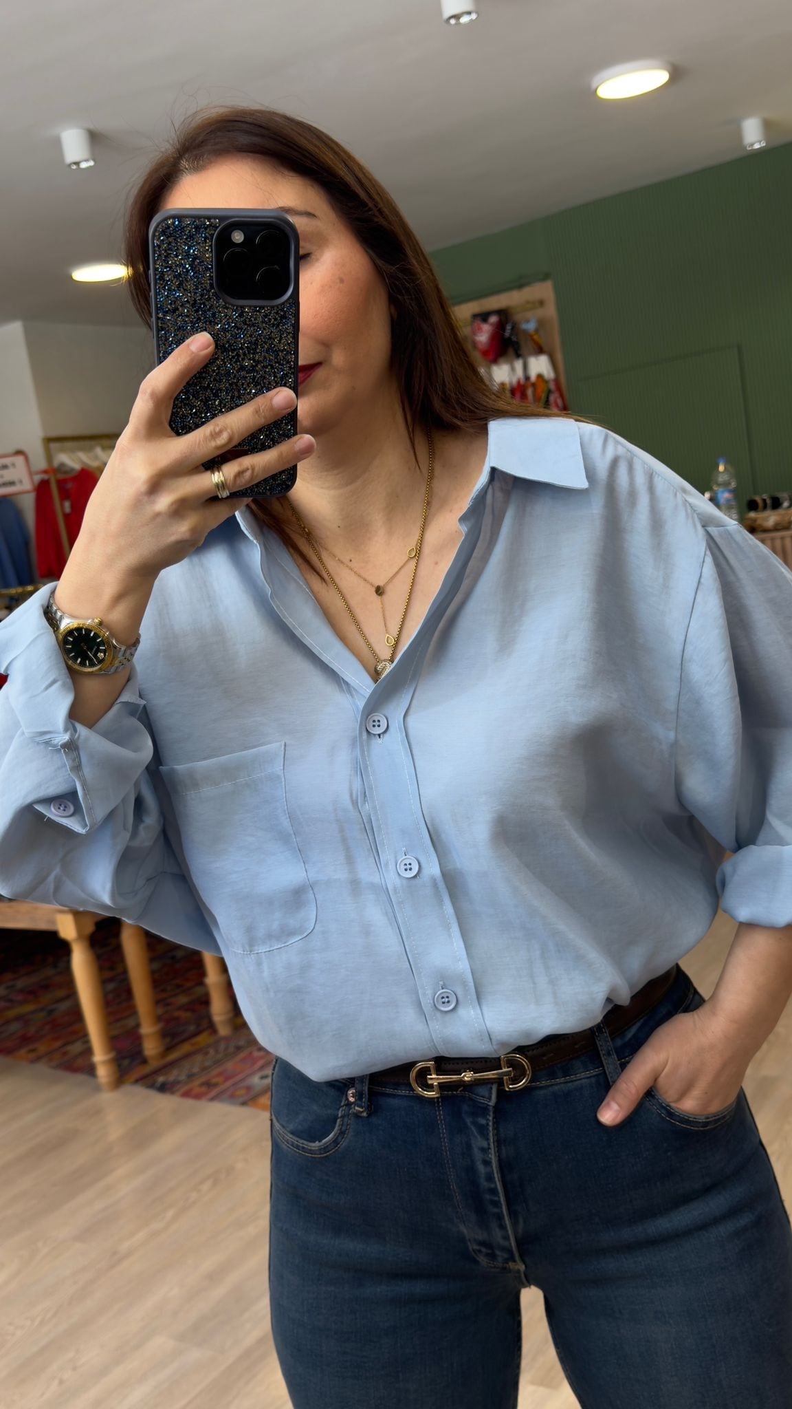 Oversize İpeksi Gömlek Mavi