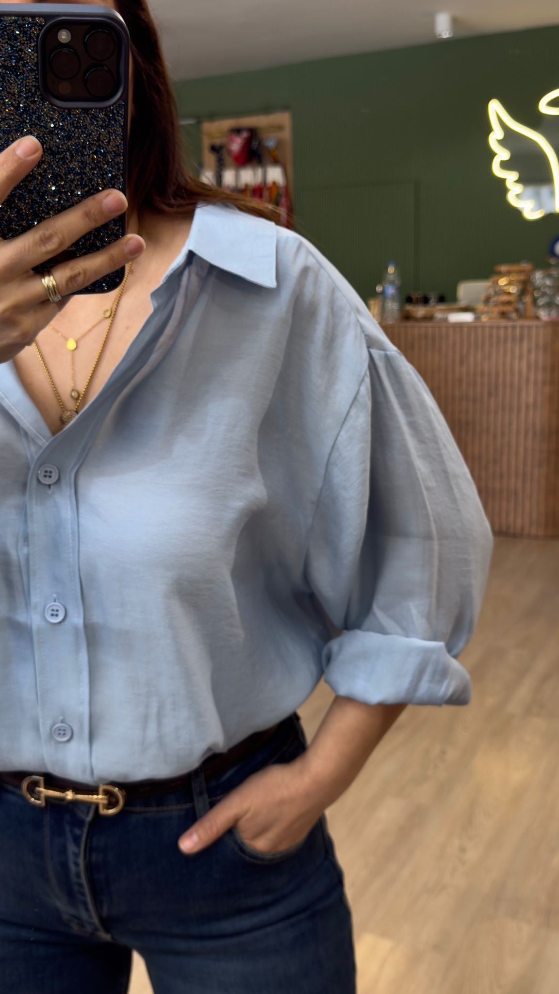 Oversize İpeksi Gömlek Mavi