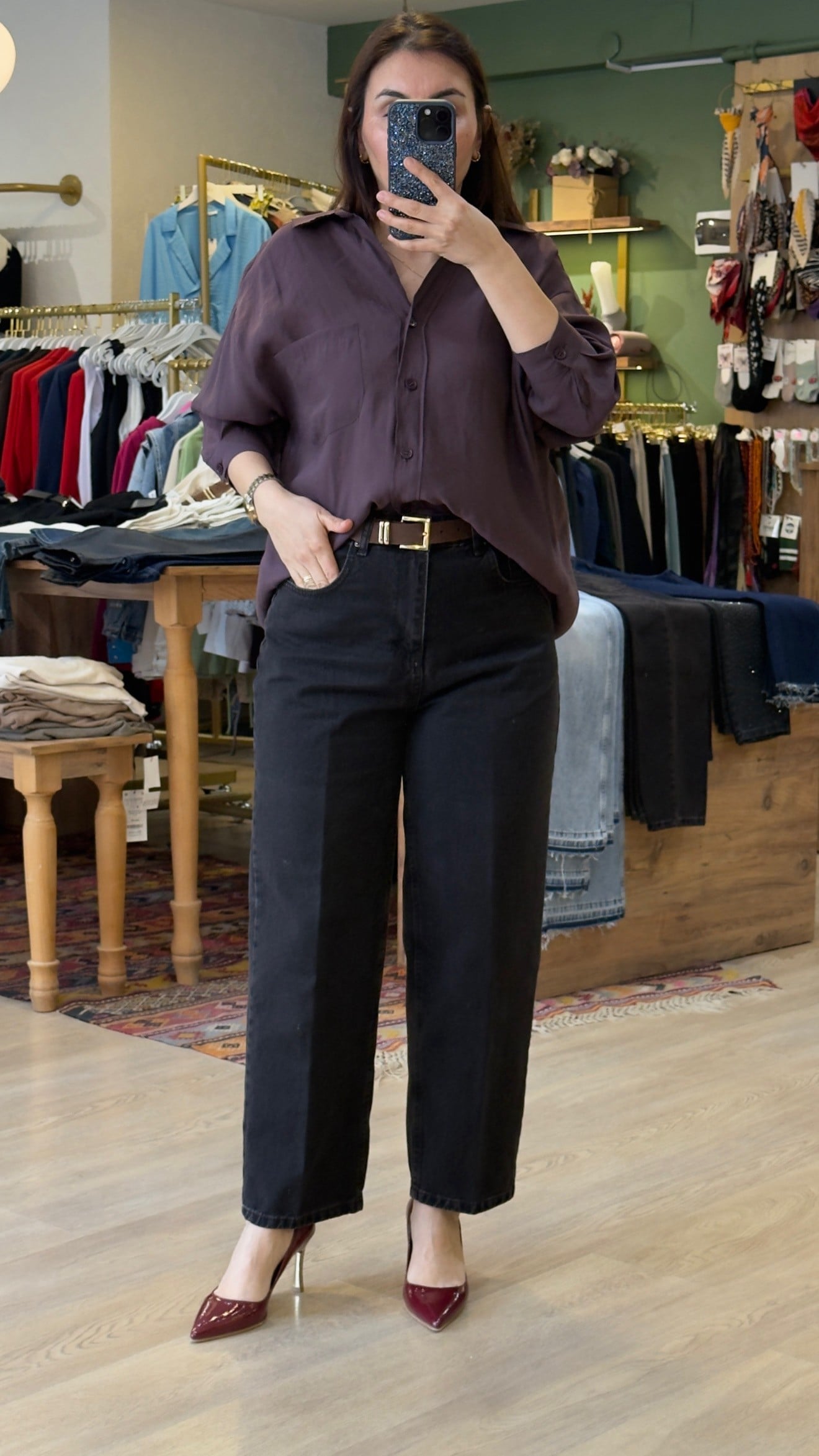 Oversize İpeksi Gömlek Mürdüm