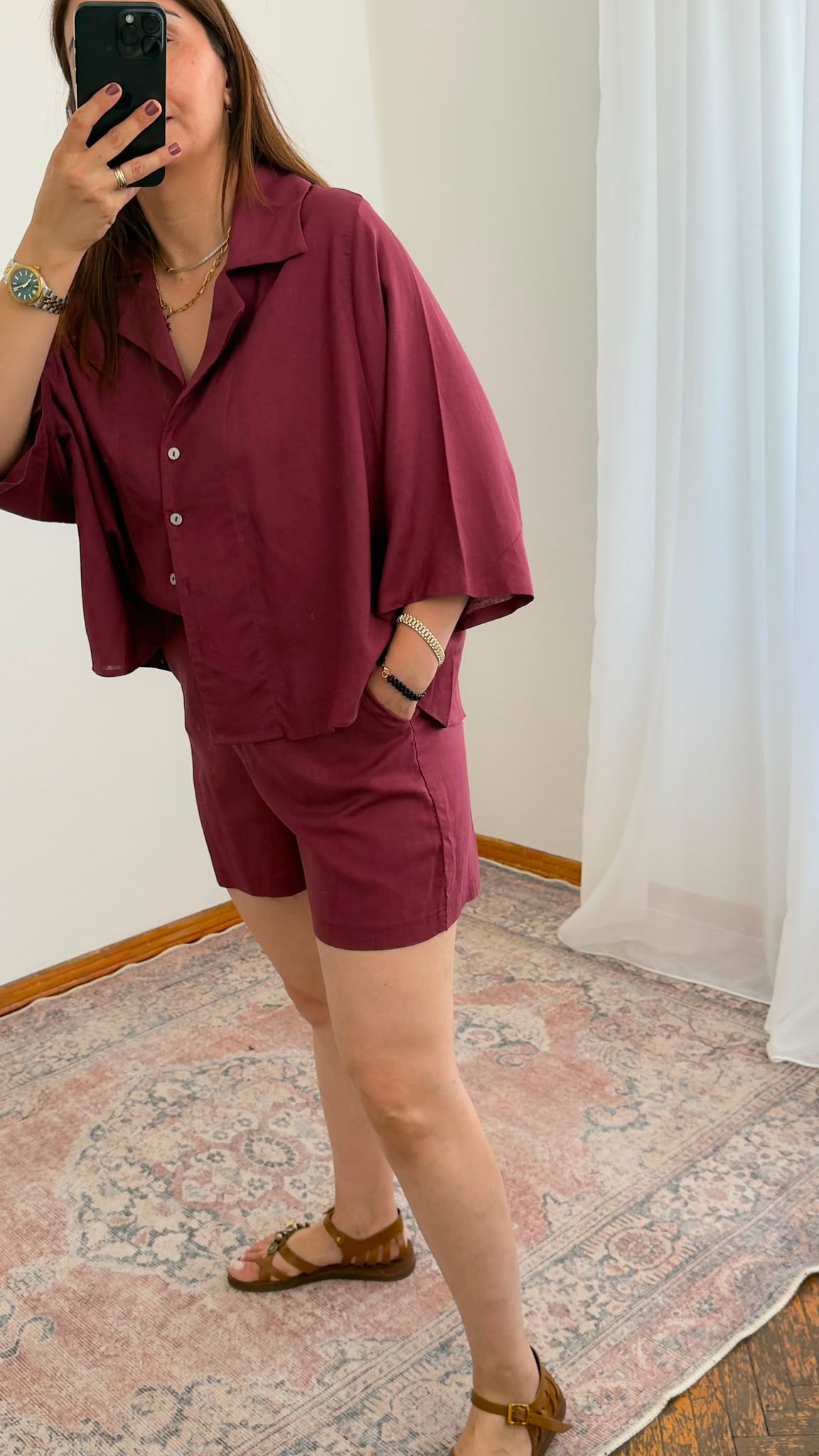 Oversize Keten Gömlek – Bordo
