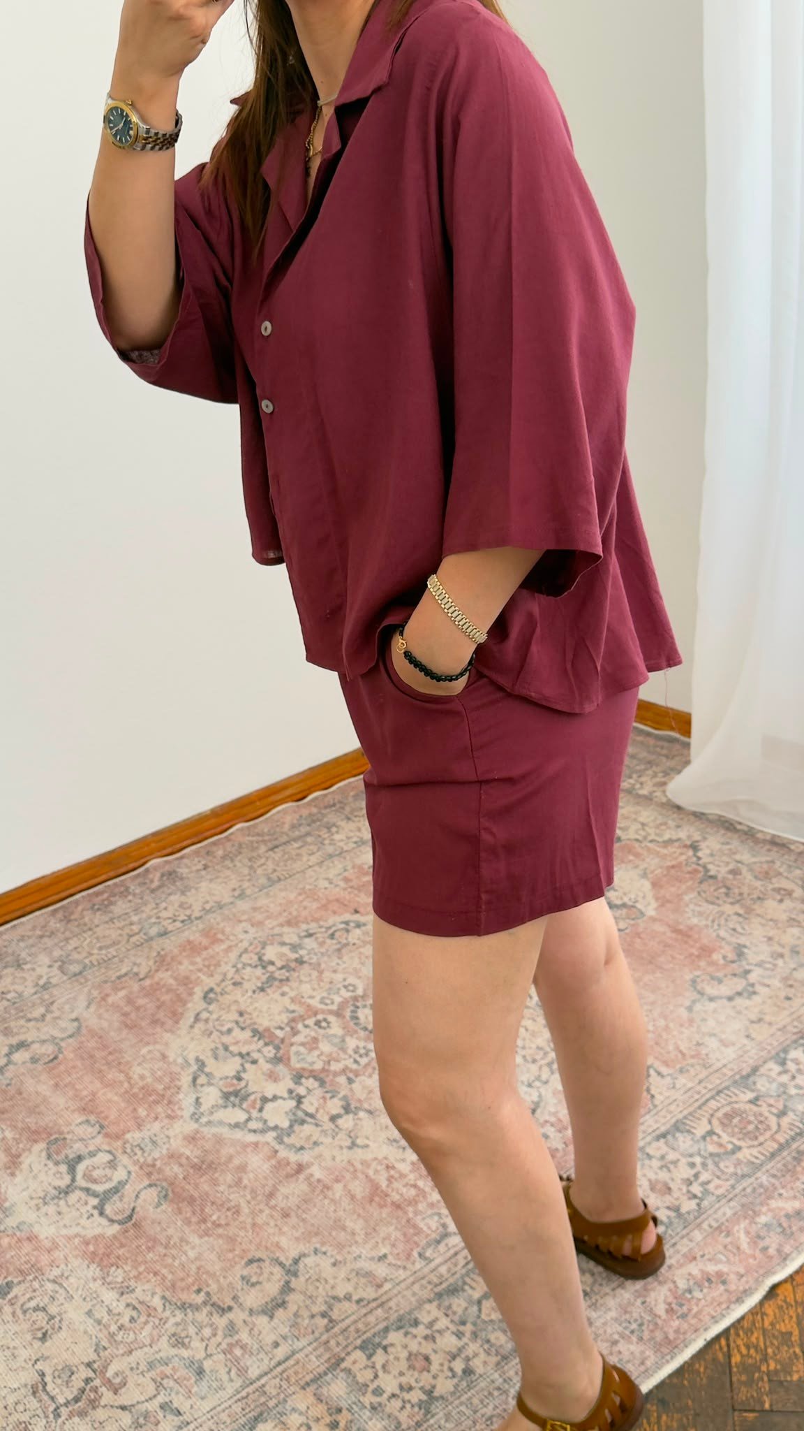 Oversize Keten Gömlek – Bordo