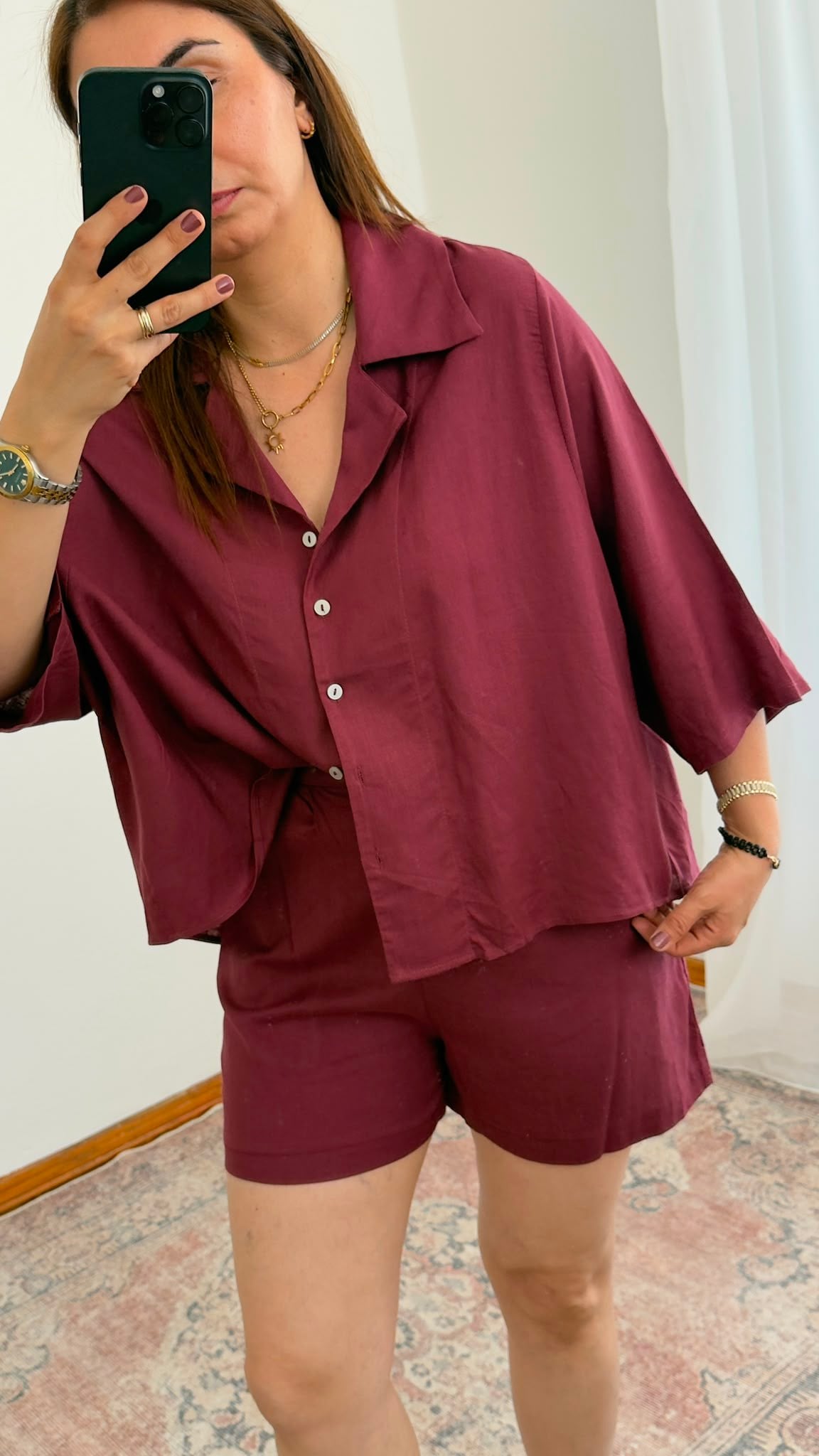 Oversize Keten Gömlek – Bordo