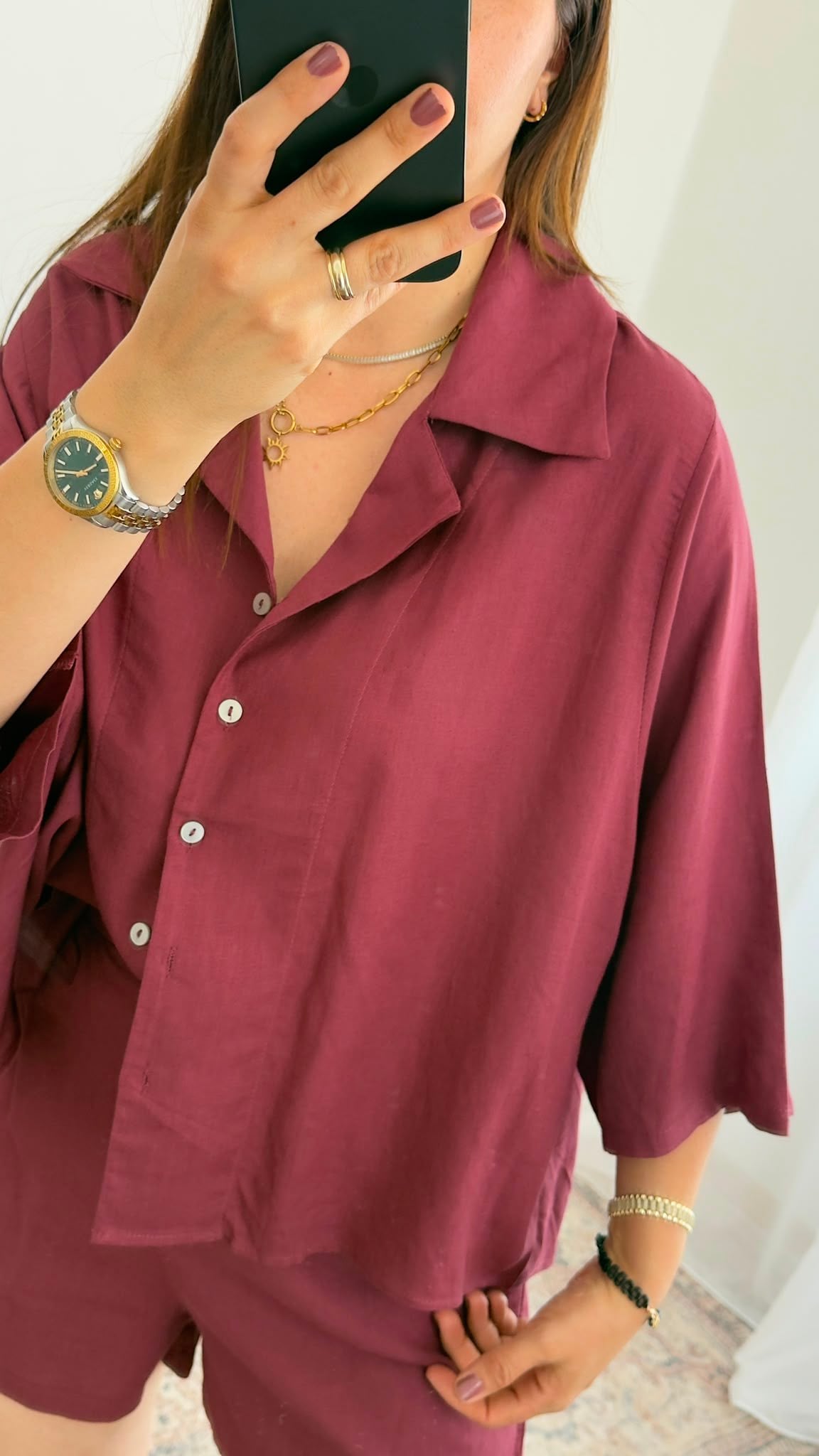 Oversize Keten Gömlek – Bordo