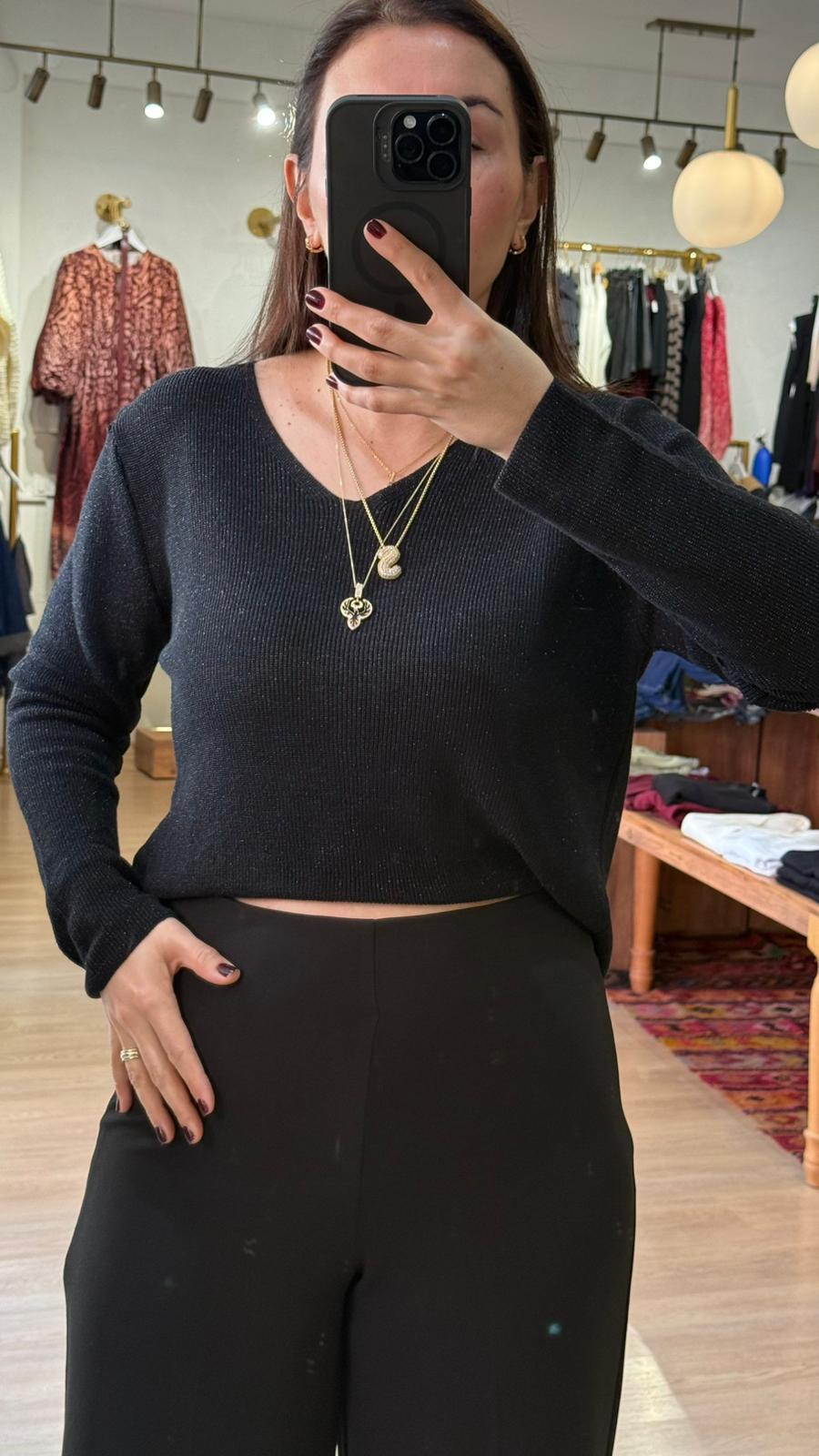 Simli V Yaka Bluz Siyah