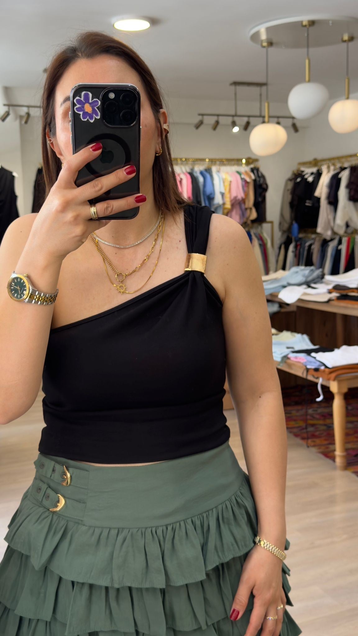 Tek Omuz Bluz Aksesuar Detaylı Siyah
