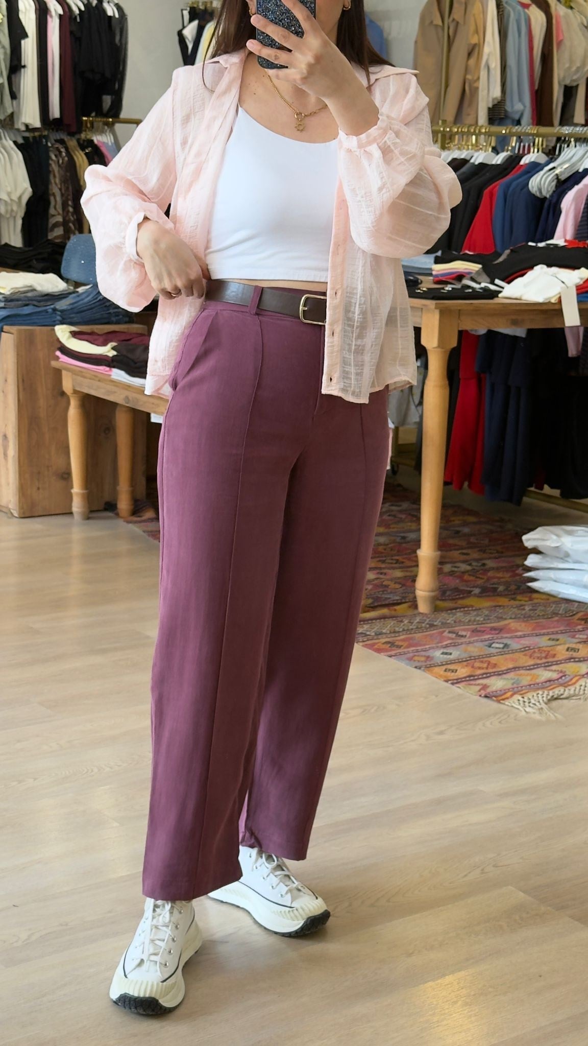 Yumuşak Dokulu Kemerli Havuç Model Pantolon Mürdüm