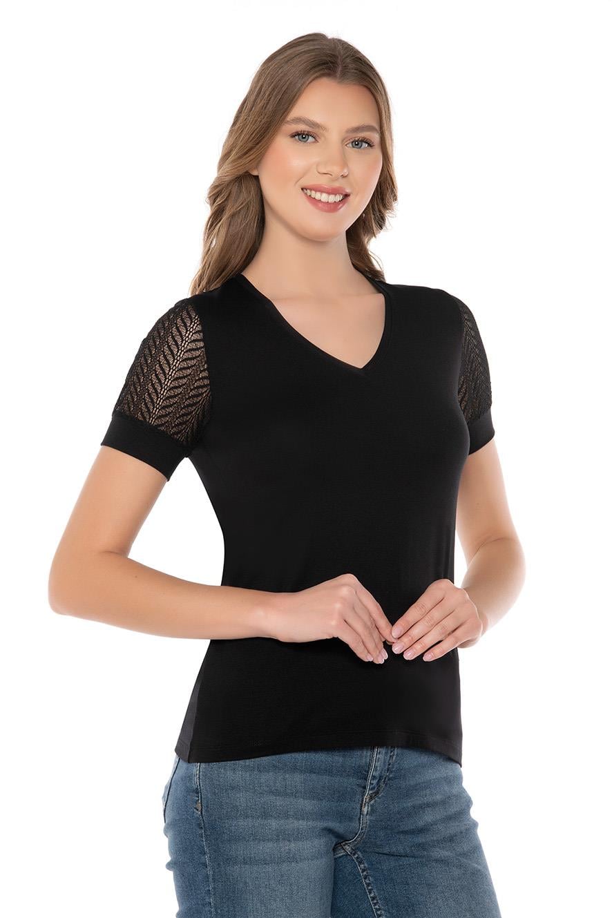 Kolları Dantelli V Yaka Kadın T-shirt