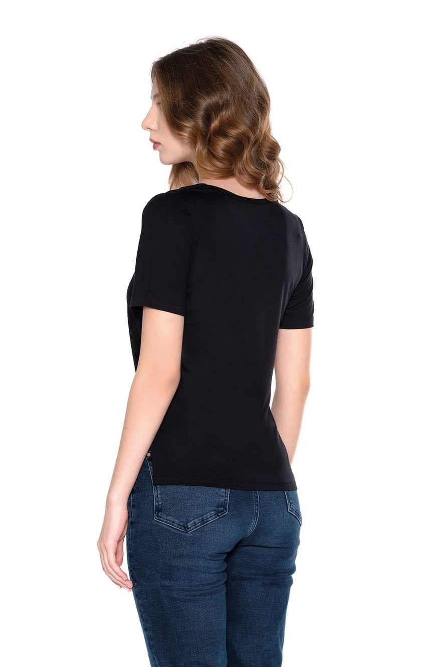 V Yaka Yakası Tül Ynadan Yırtmaçlı Kadın Tshirt