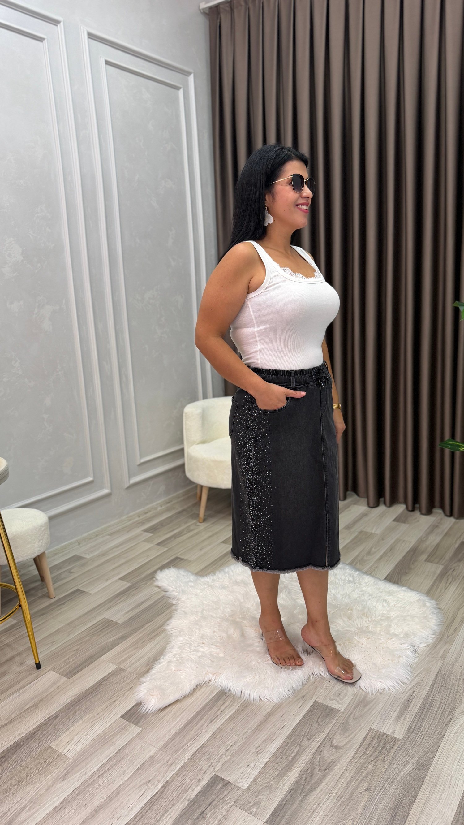 CURVE SHINE PRESS TAŞLI MİDİ KOT ETEK