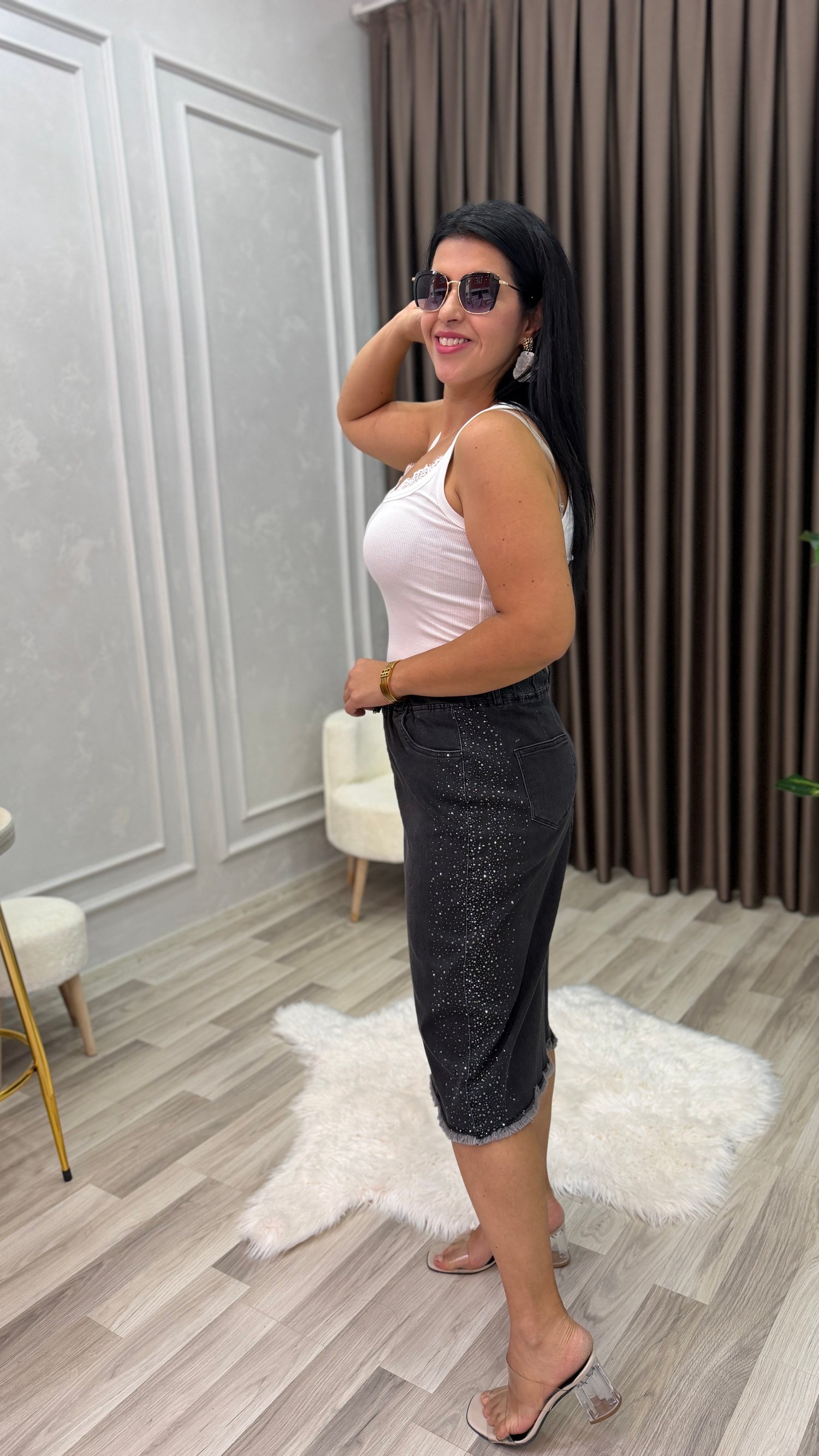 CURVE SHINE PRESS TAŞLI MİDİ KOT ETEK