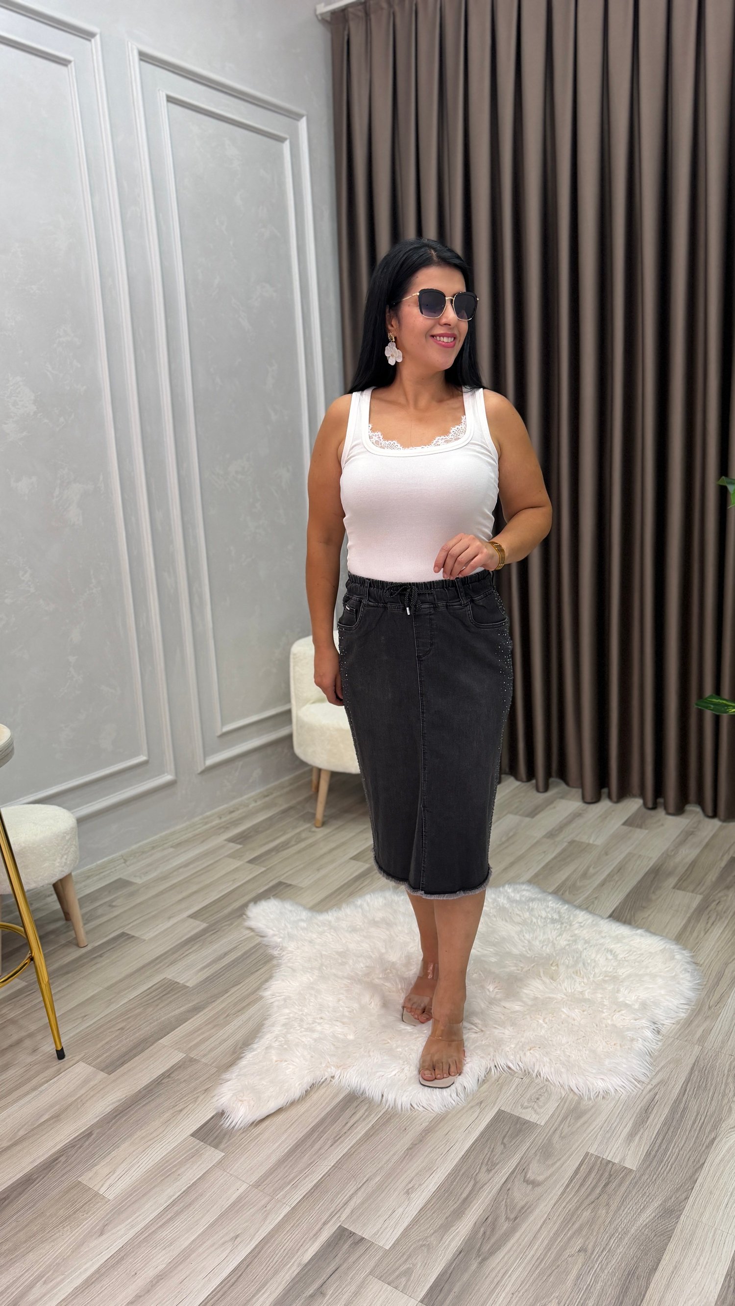 CURVE SHINE PRESS TAŞLI MİDİ KOT ETEK