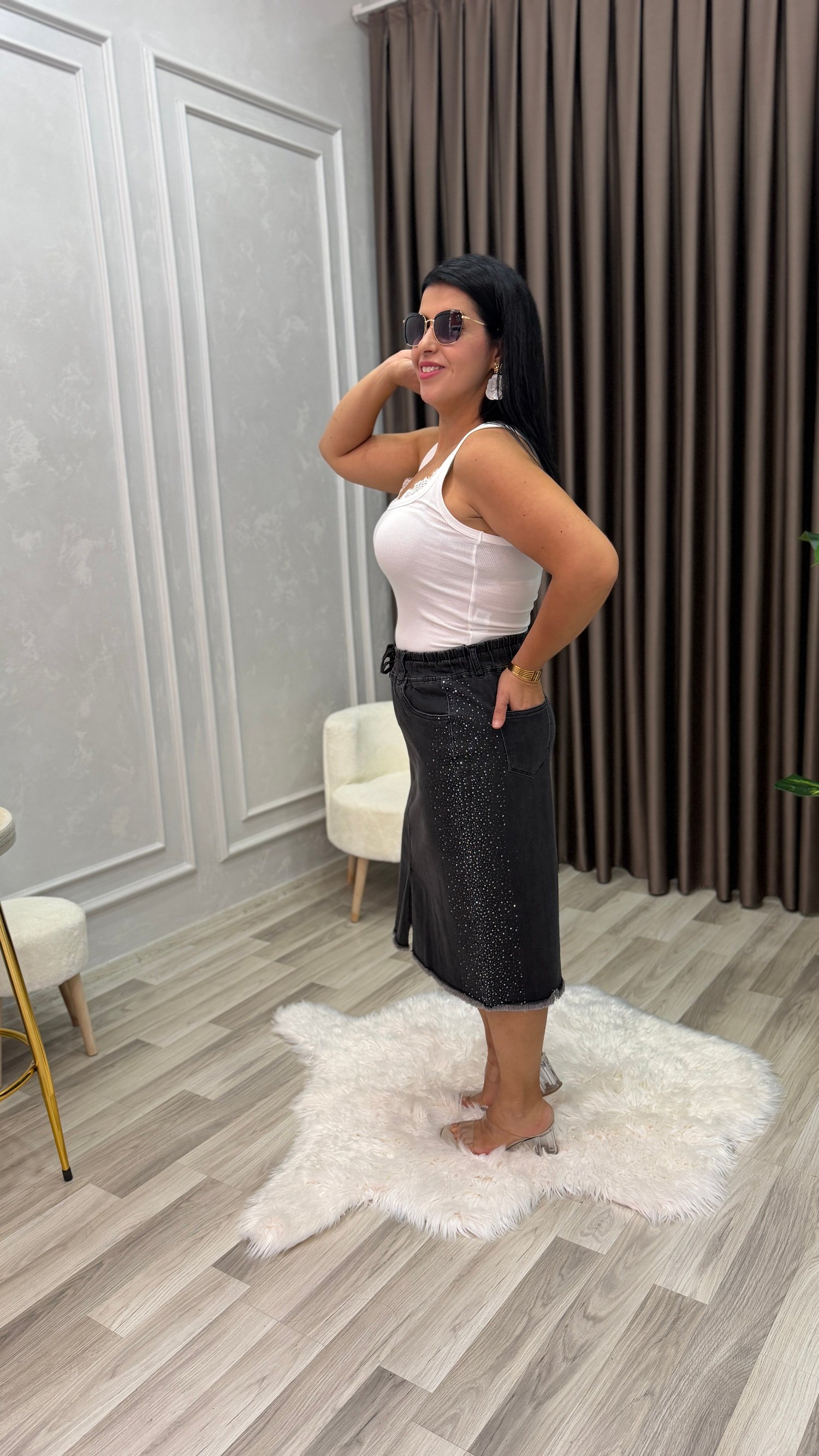 CURVE SHINE PRESS TAŞLI MİDİ KOT ETEK