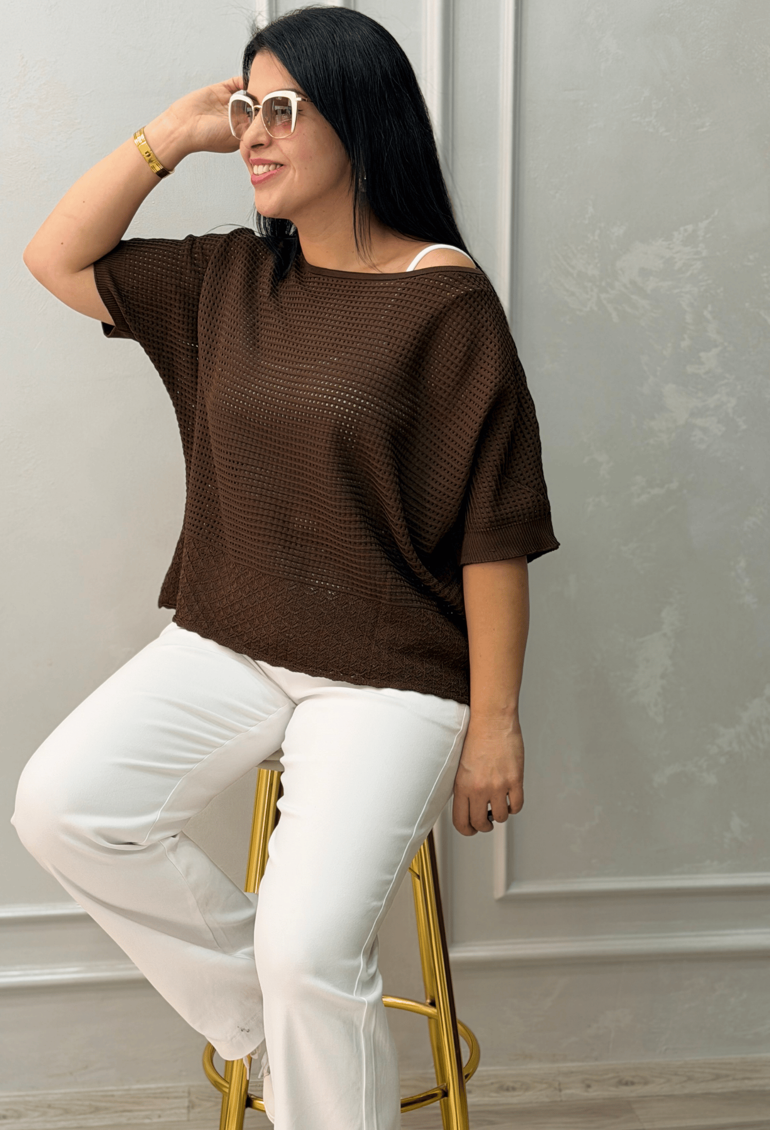 DORA AJURLU TRİKO BLUZ KAHVERENGİ