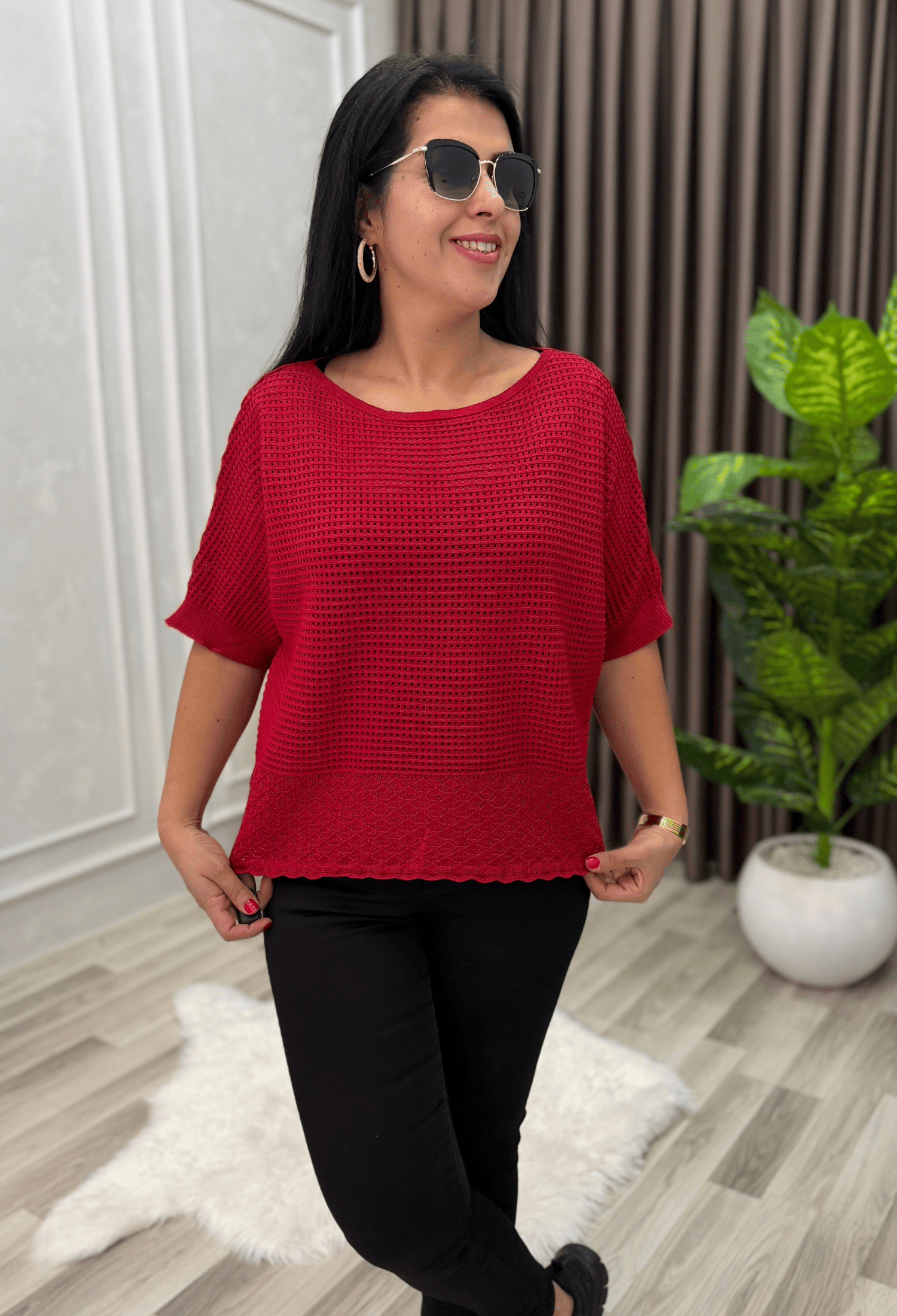 DORA AJURLU TRİKO BLUZ KIRMIZI