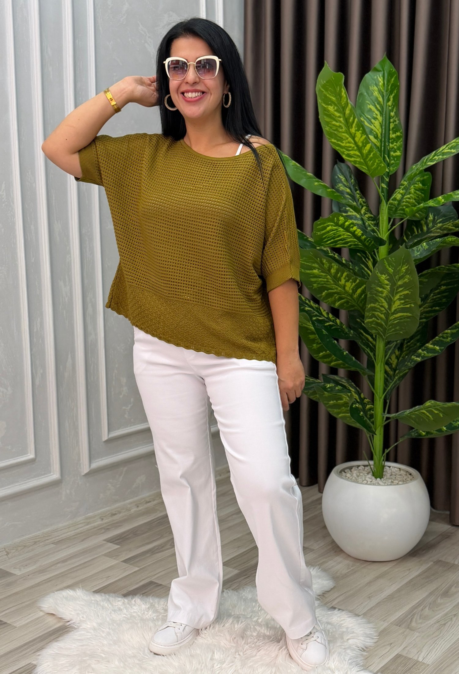 DORA AJURLU TRİKO BLUZ YAĞ YEŞİLİ
