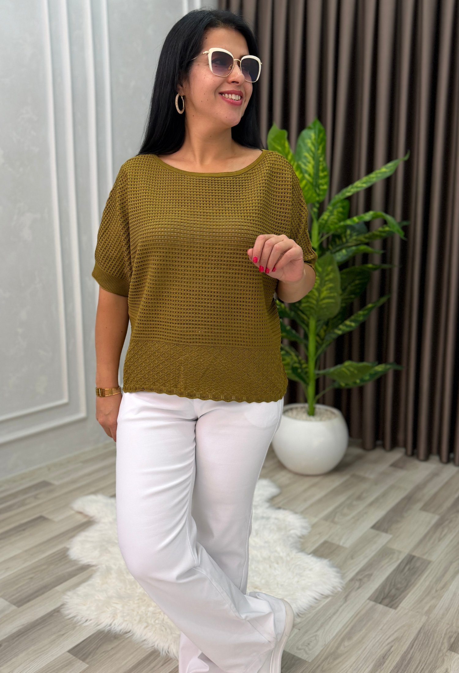 DORA AJURLU TRİKO BLUZ YAĞ YEŞİLİ