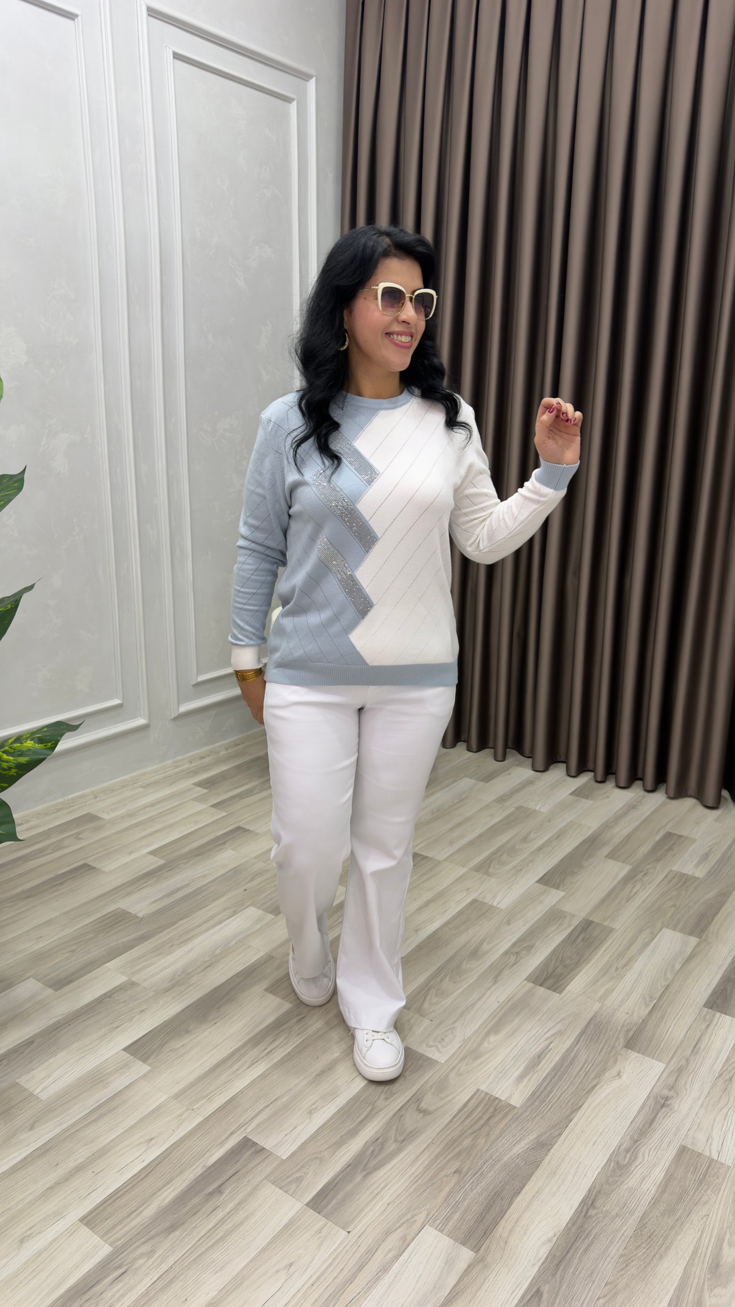 DUAL TONE KAŞMİR İPLİK TRİKO BLUZ BEBE MAVİ BEYAZ