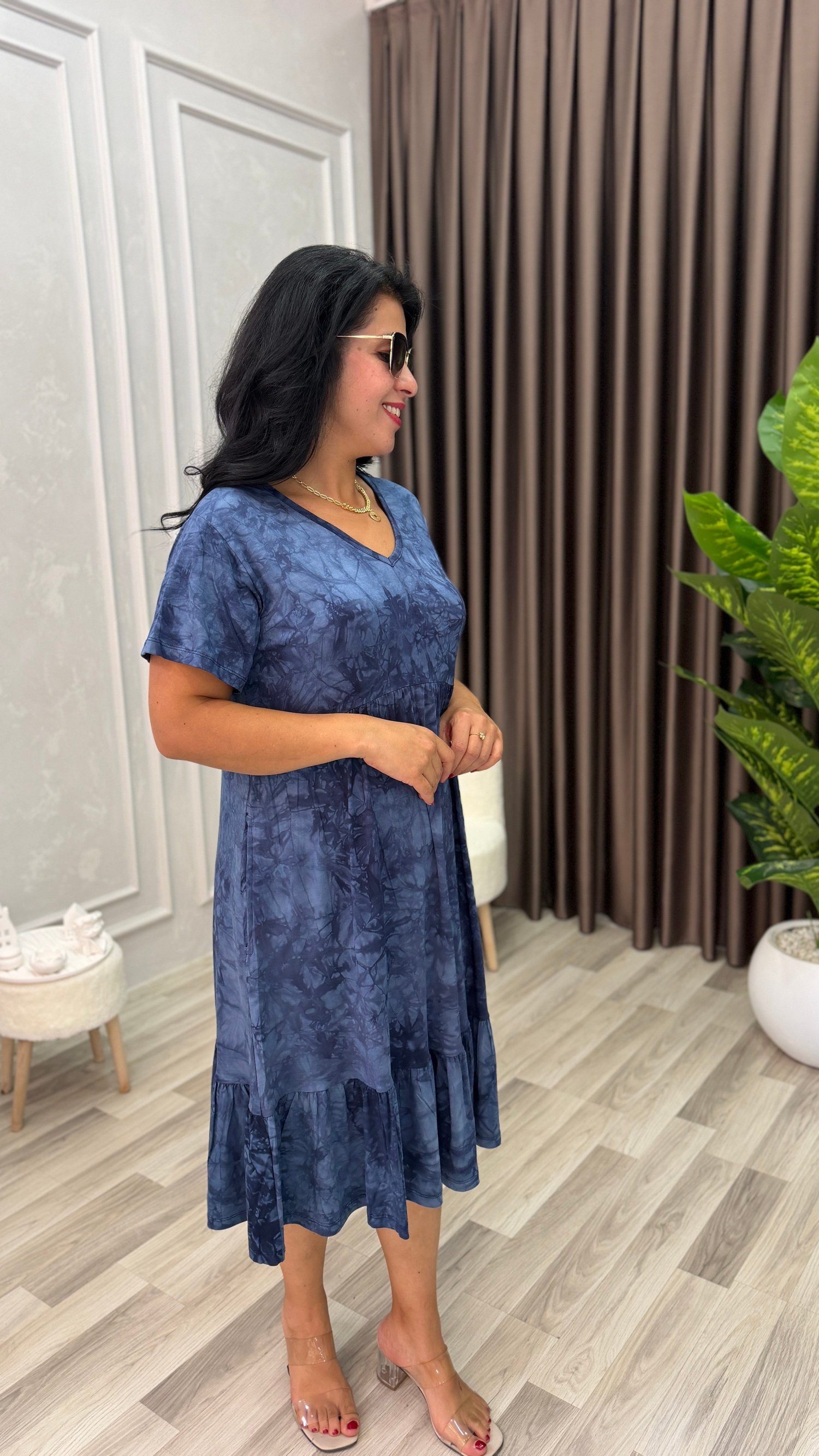 FLORA CHIC ELBİSE ESKİTME MAVİ DESEN